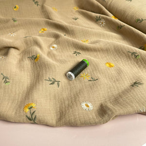 Embroidered Sunflowers on Beige Cotton Double Gauze
