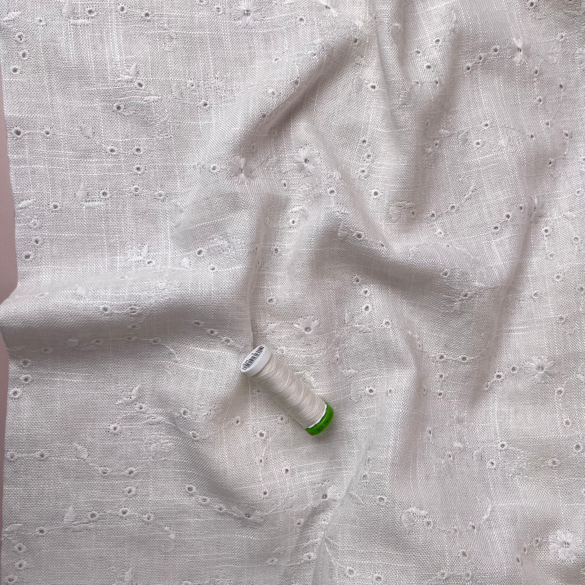 Floral Vines on White Embroidered Viscose Linen Fabric
