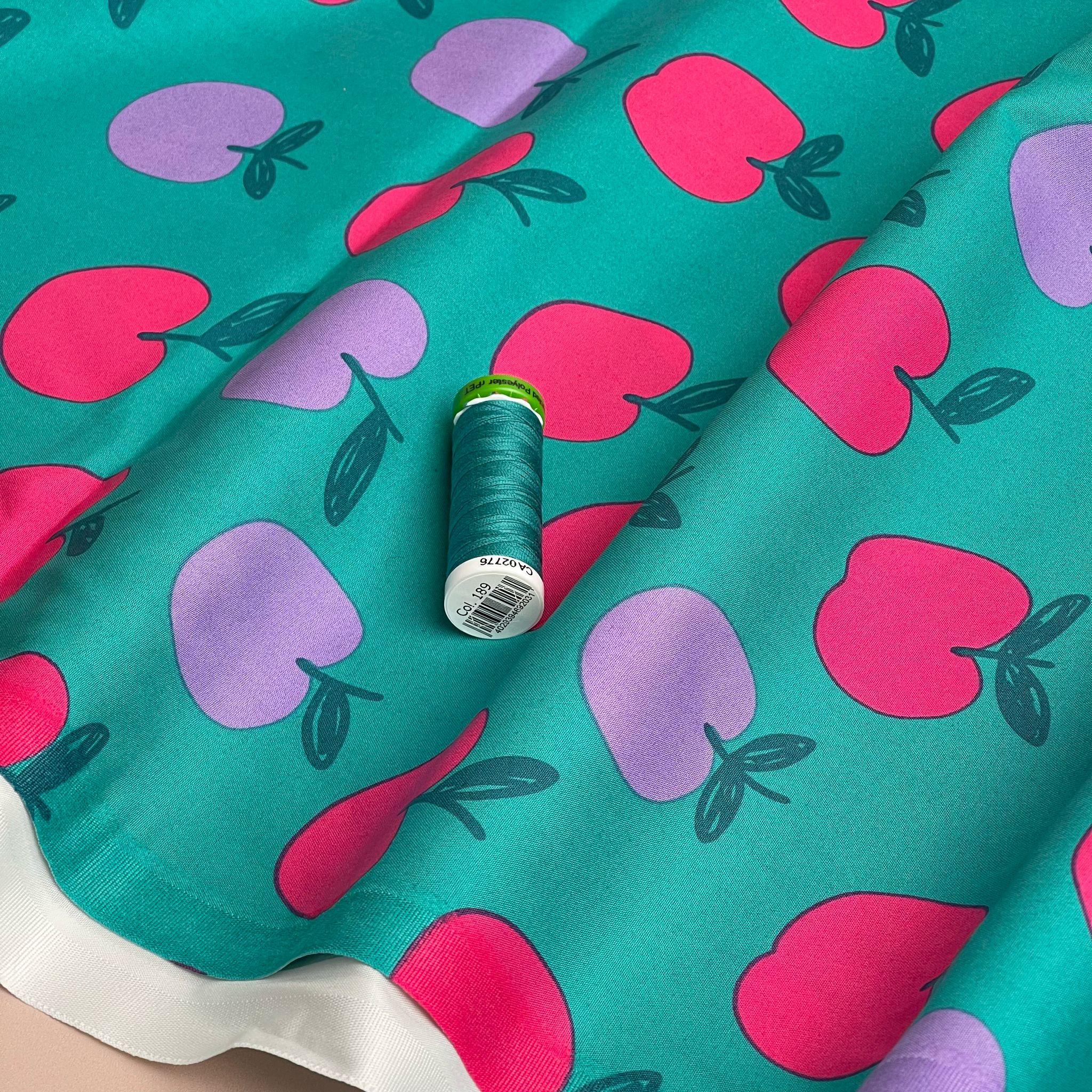 Funky Apples on Teal Cotton Poplin Fabric