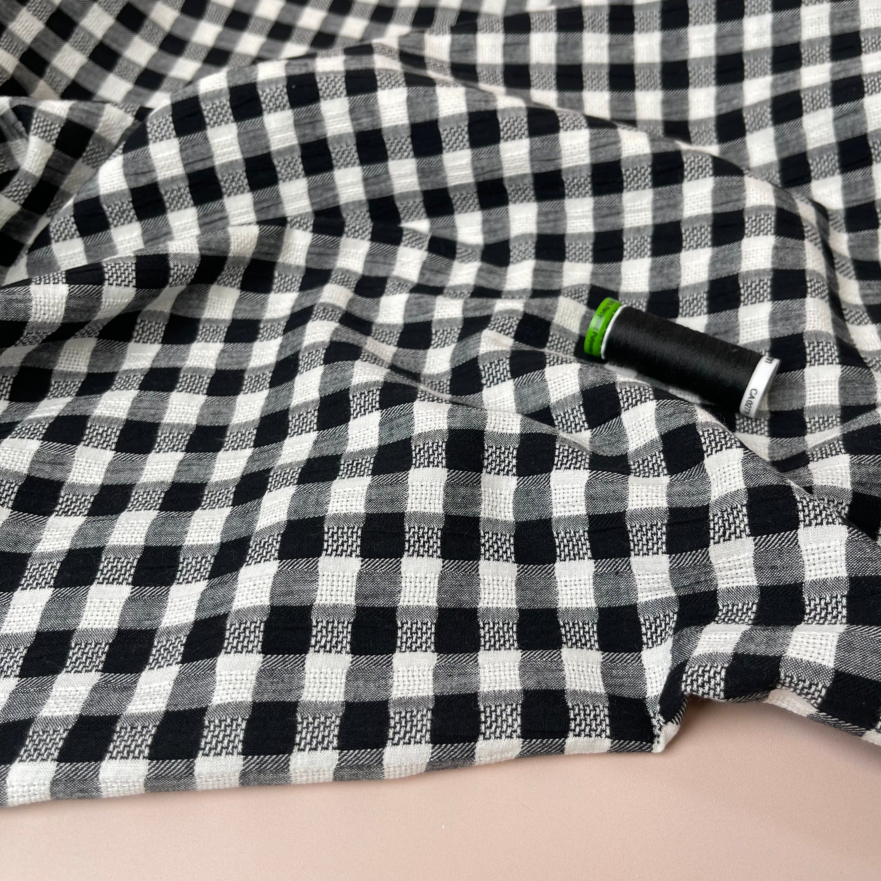 Black Gingham Cotton Seersucker Fabric