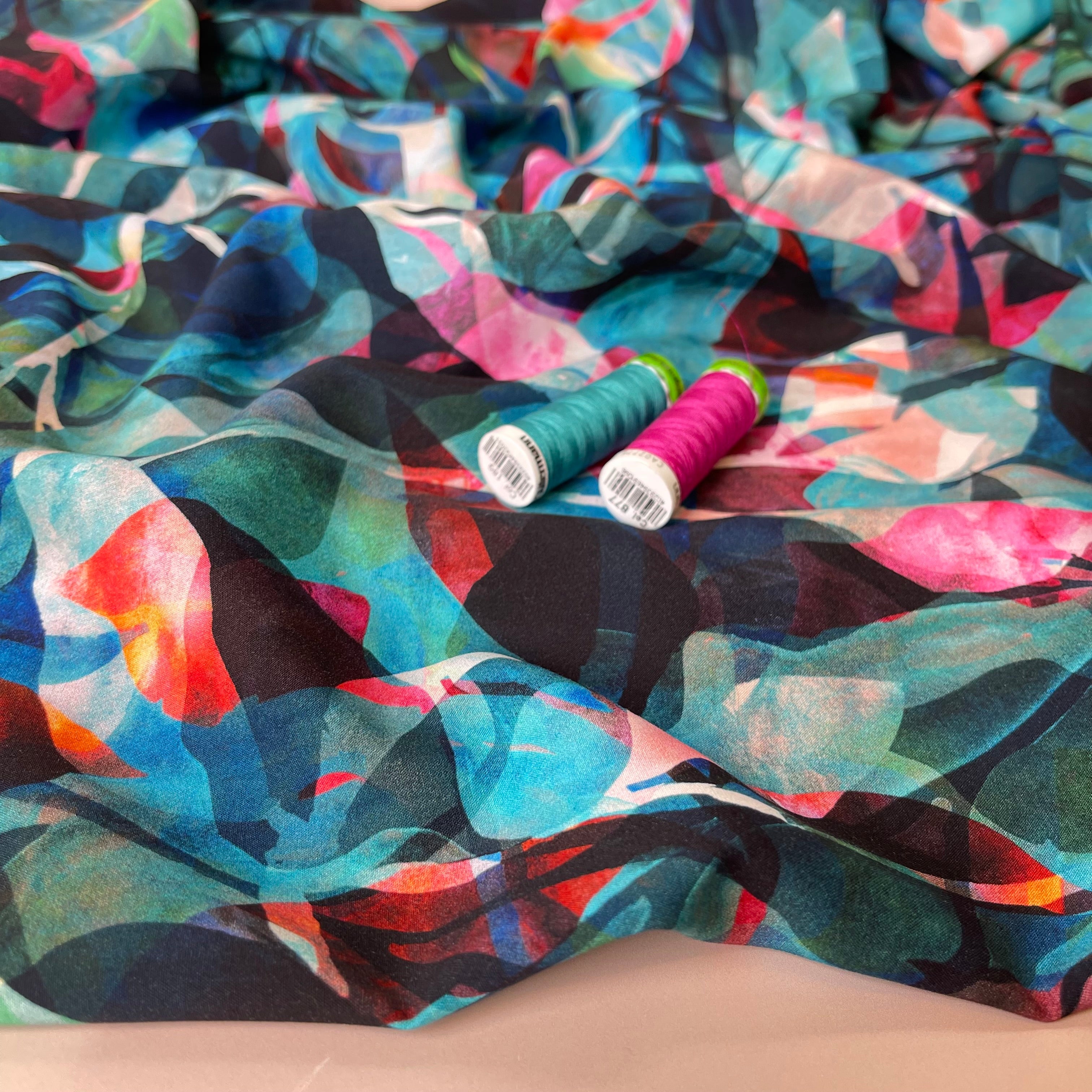 Summer Party - Painted Foliage Teal Viscose Fabric