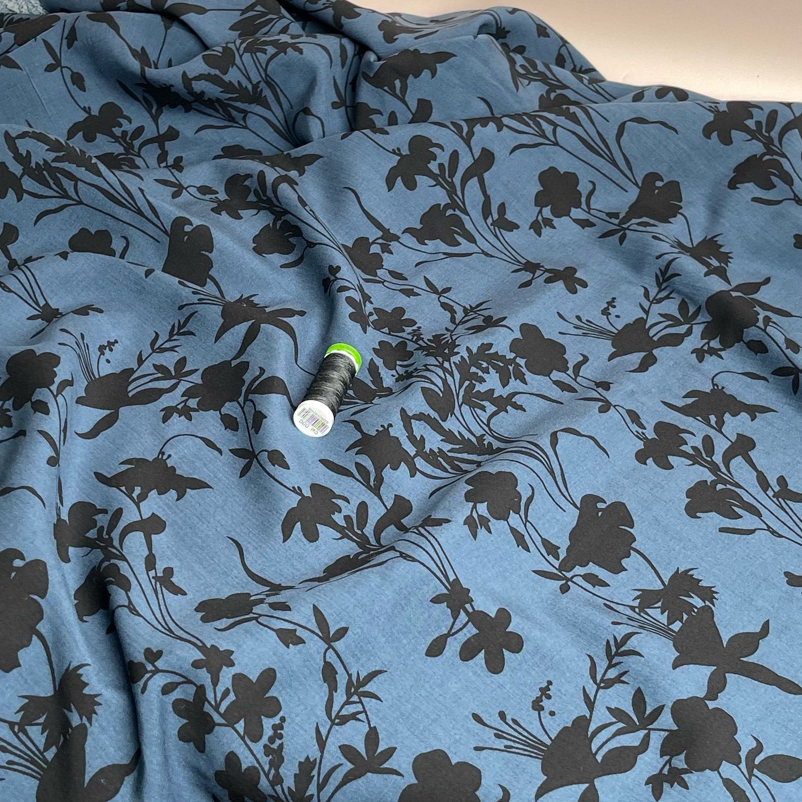 REMNANT 0.8 metres (some washable marks) Floral Shadows on Midnight Blue Viscose Fabric