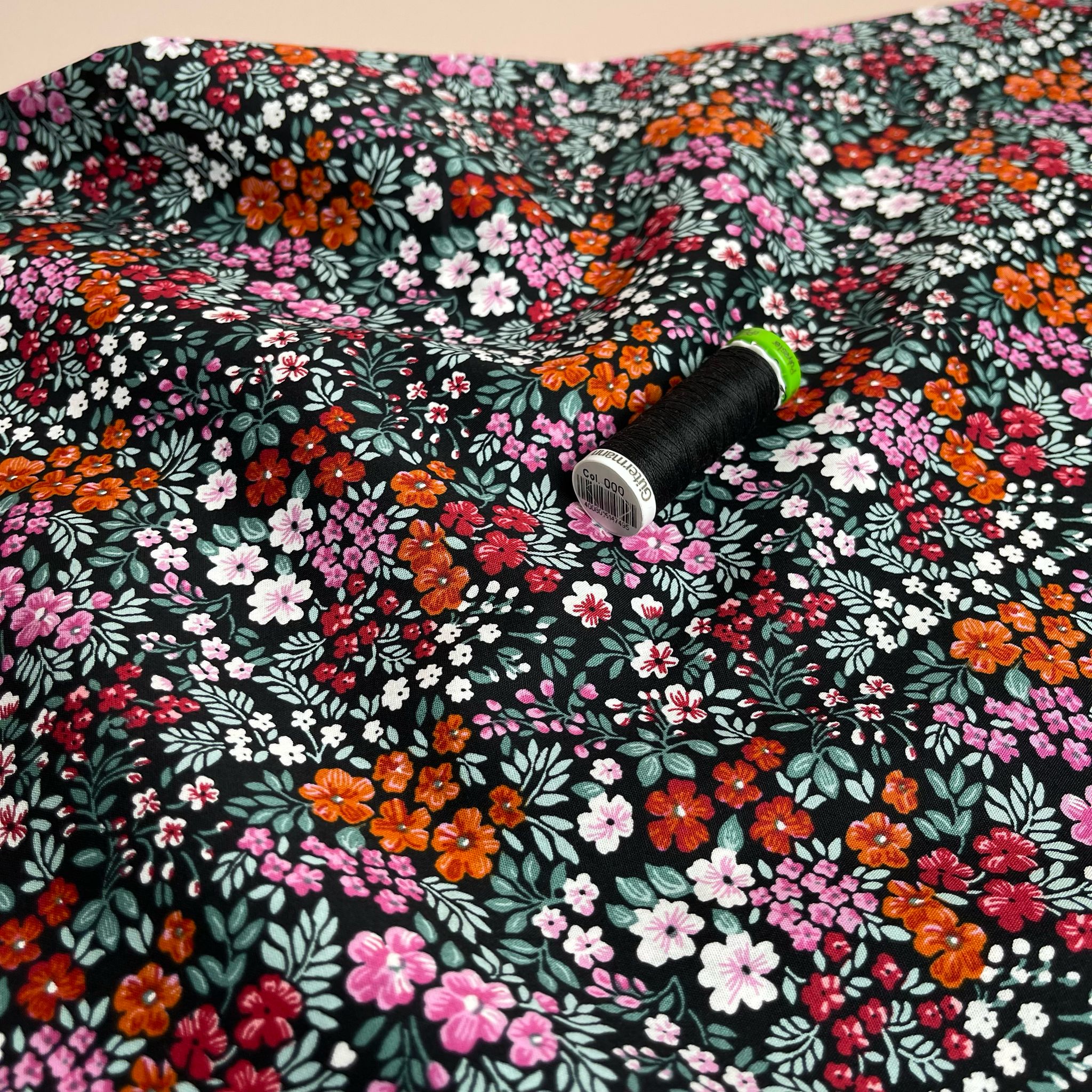 Ditsy Meadow on Black Cotton Poplin