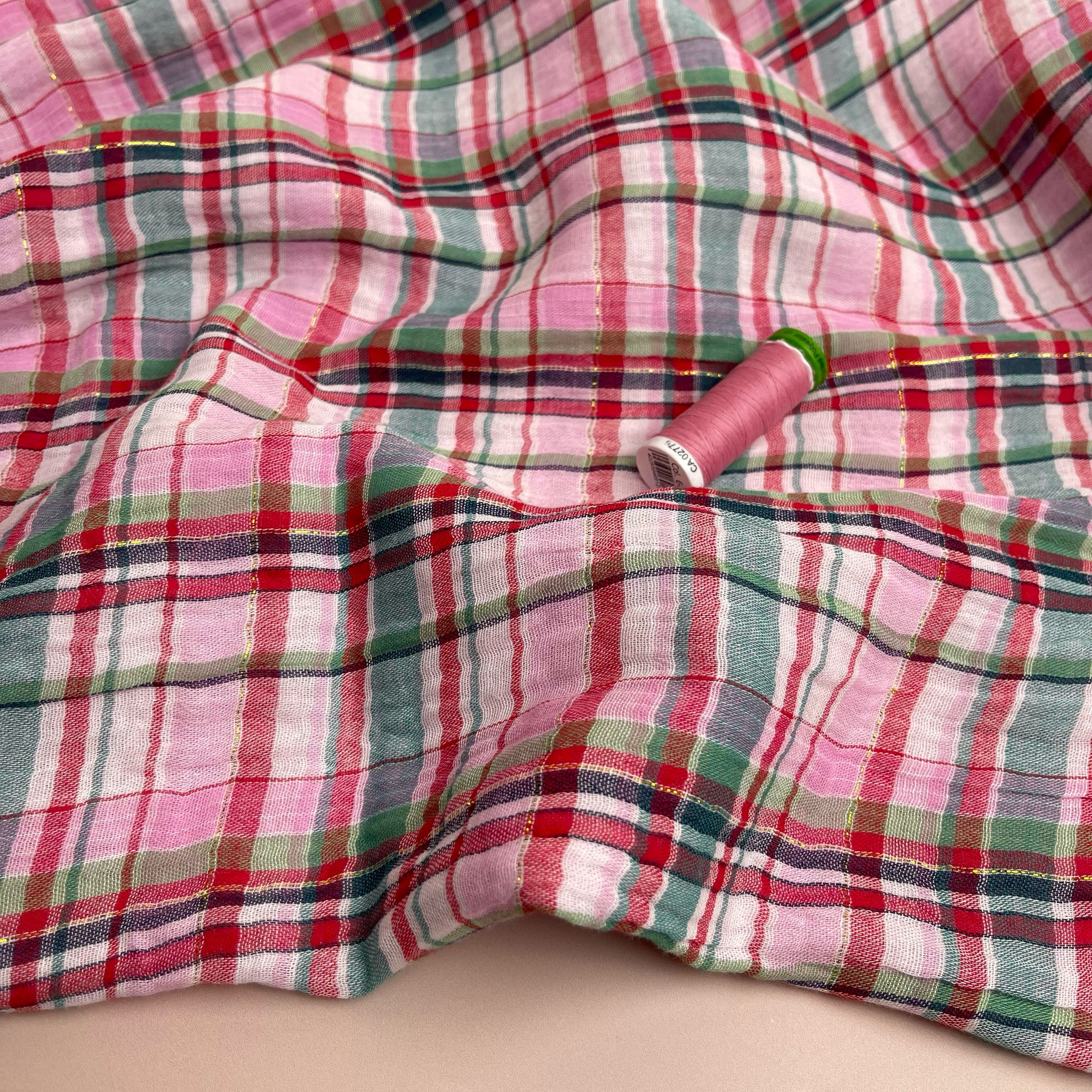 REMNANT 2.67 metres -Yarn Dyed Spring Sparkle Plaid Cotton Double Gauze