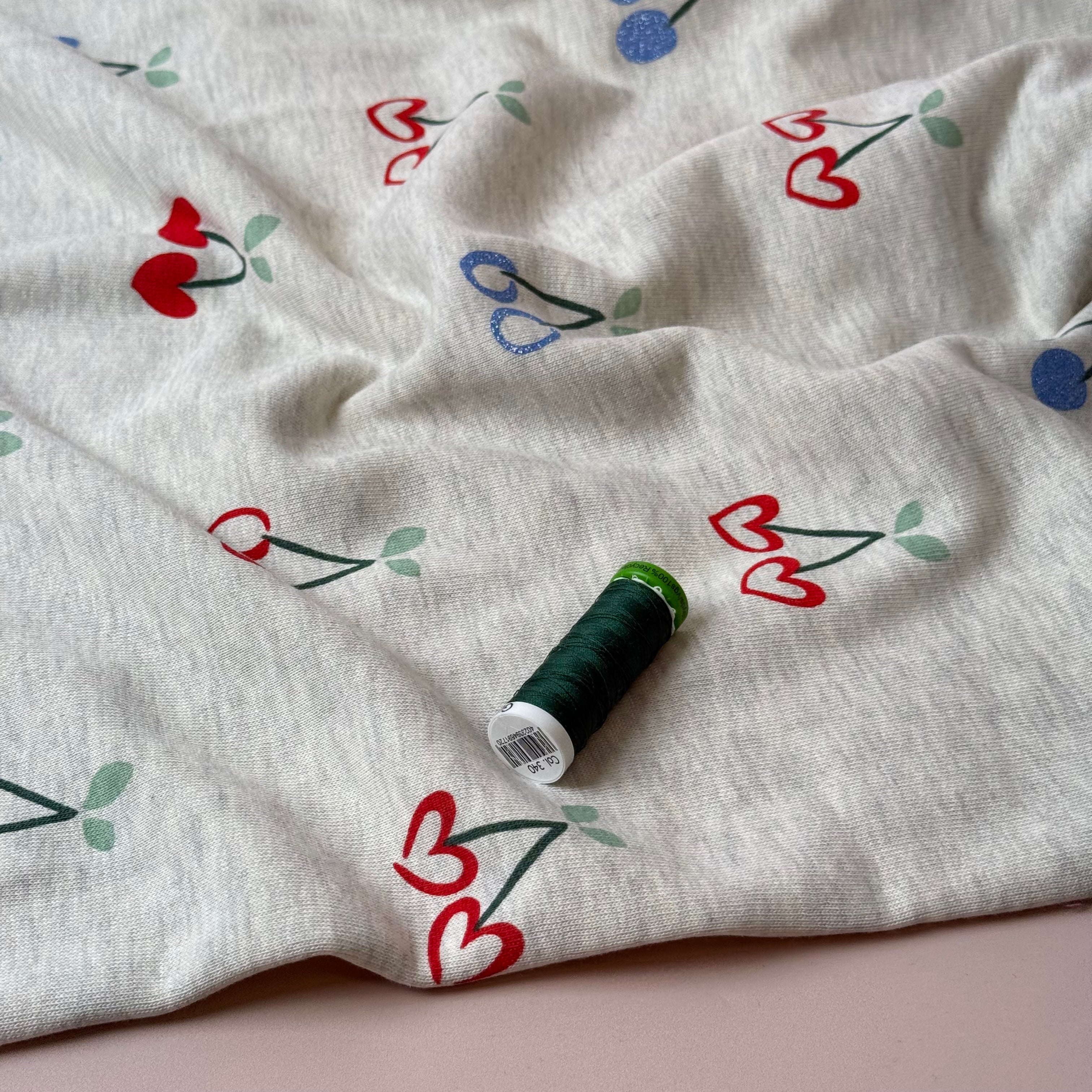 Glitter Cherries on Melange Ecru Cotton Sweat-shirting Fabric