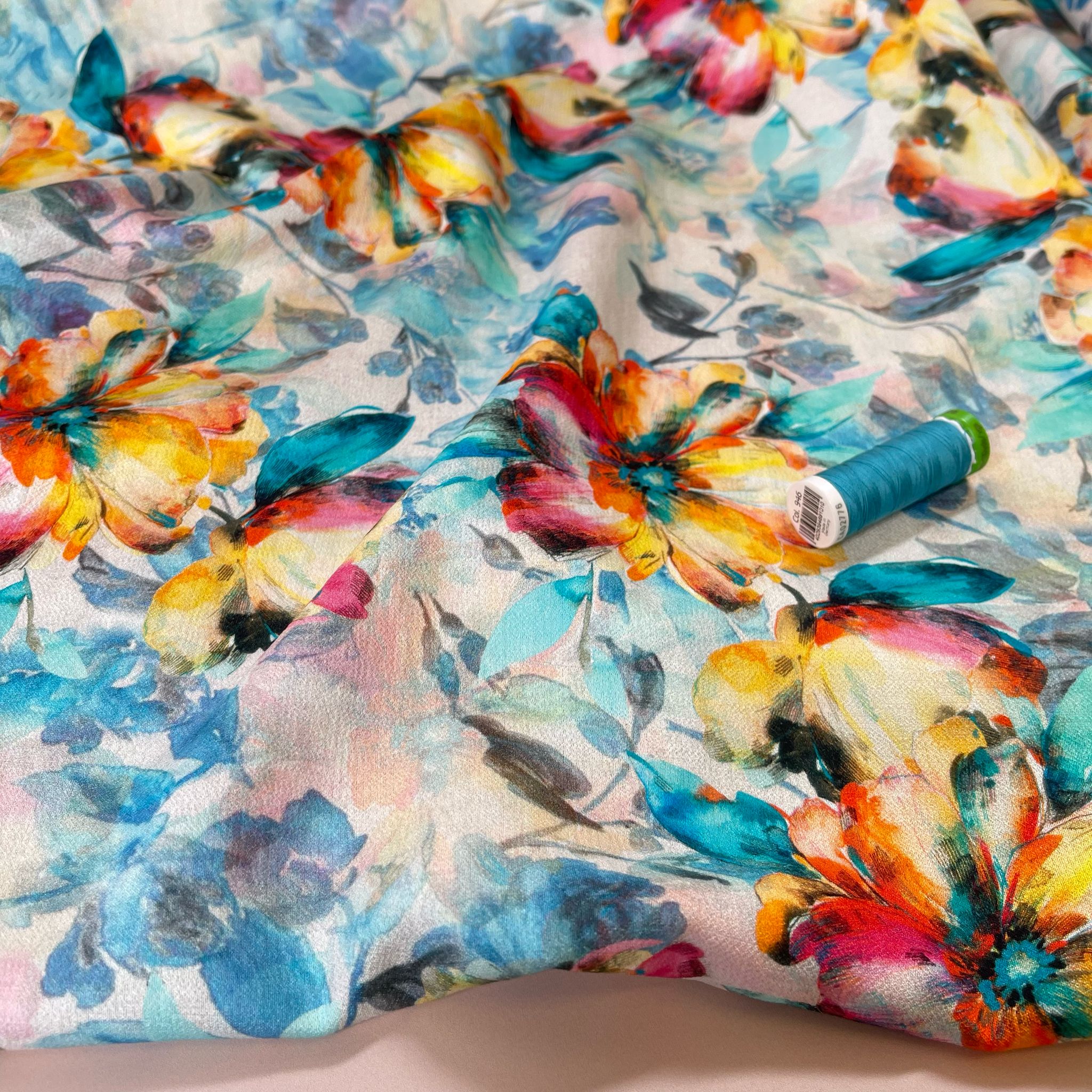 Watercolour Sunset Blooms on Turquoise Textured Viscose Fabric