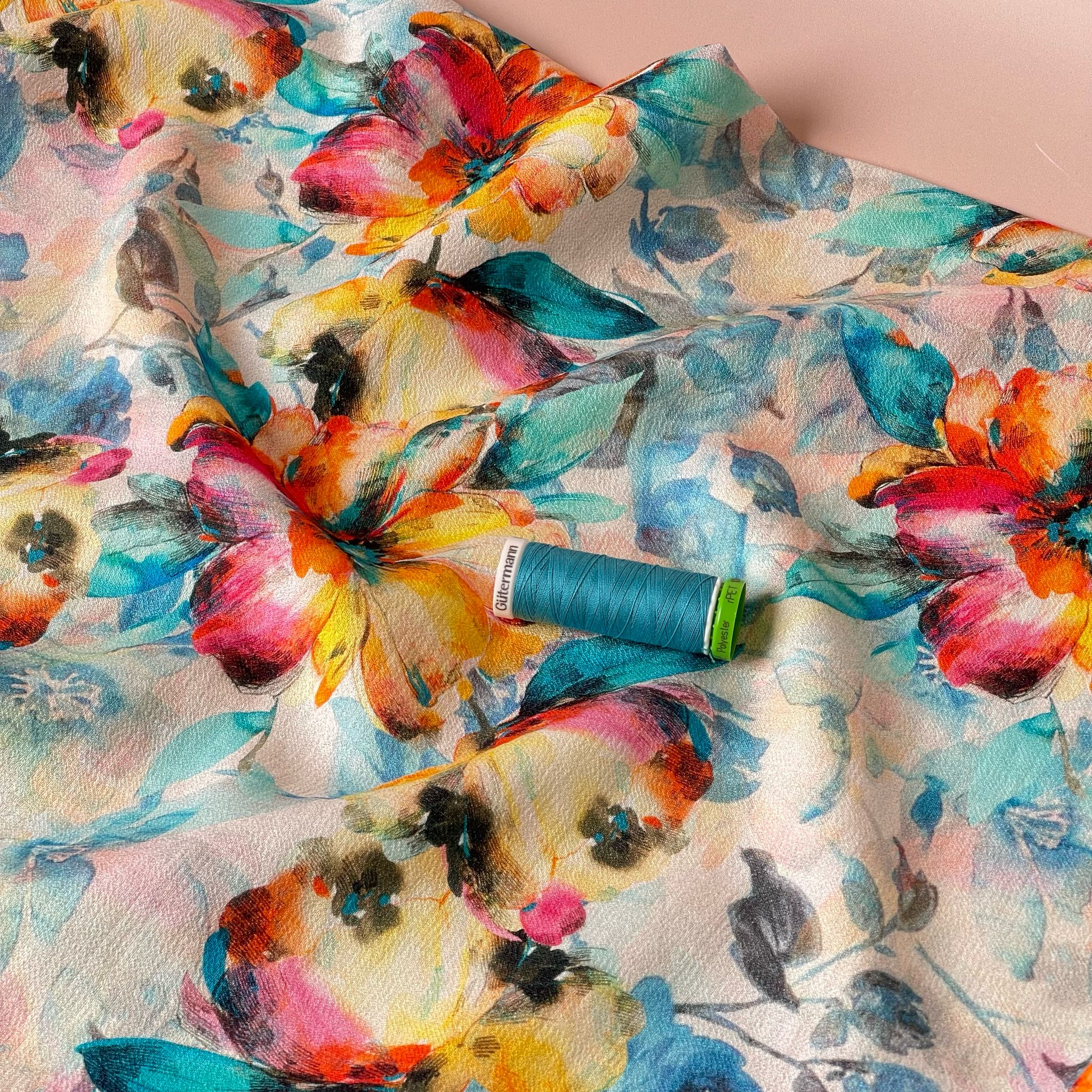 Watercolour Sunset Blooms on Turquoise Textured Viscose Fabric