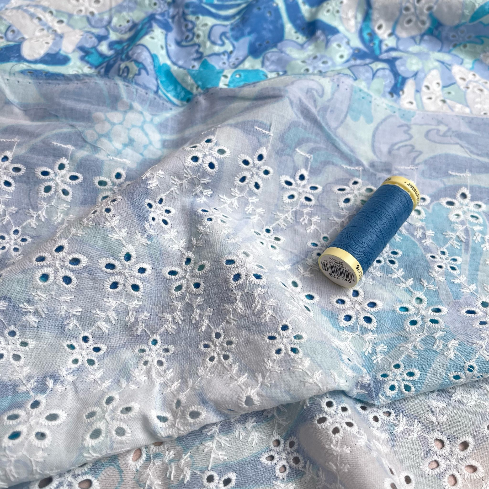 Aqua Flowers Cotton Broderie Anglaise