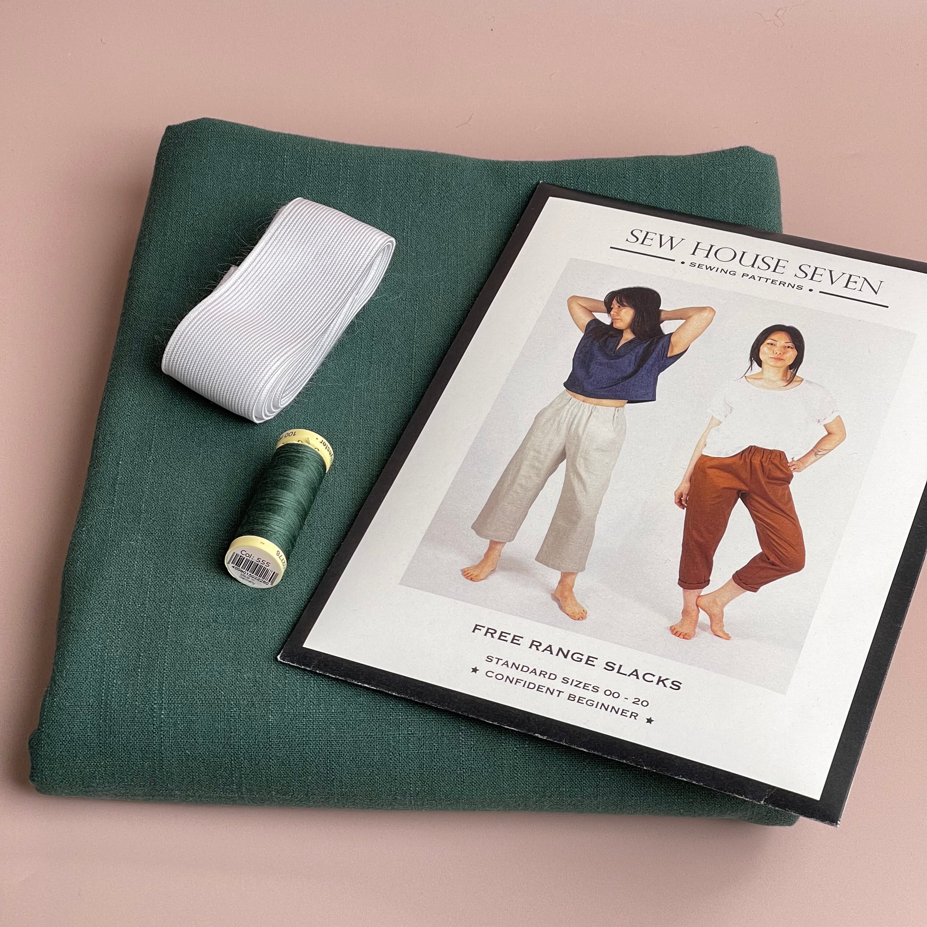 Sewing Kit - Free Range Slacks in Bottle Green Flow Linen Noil