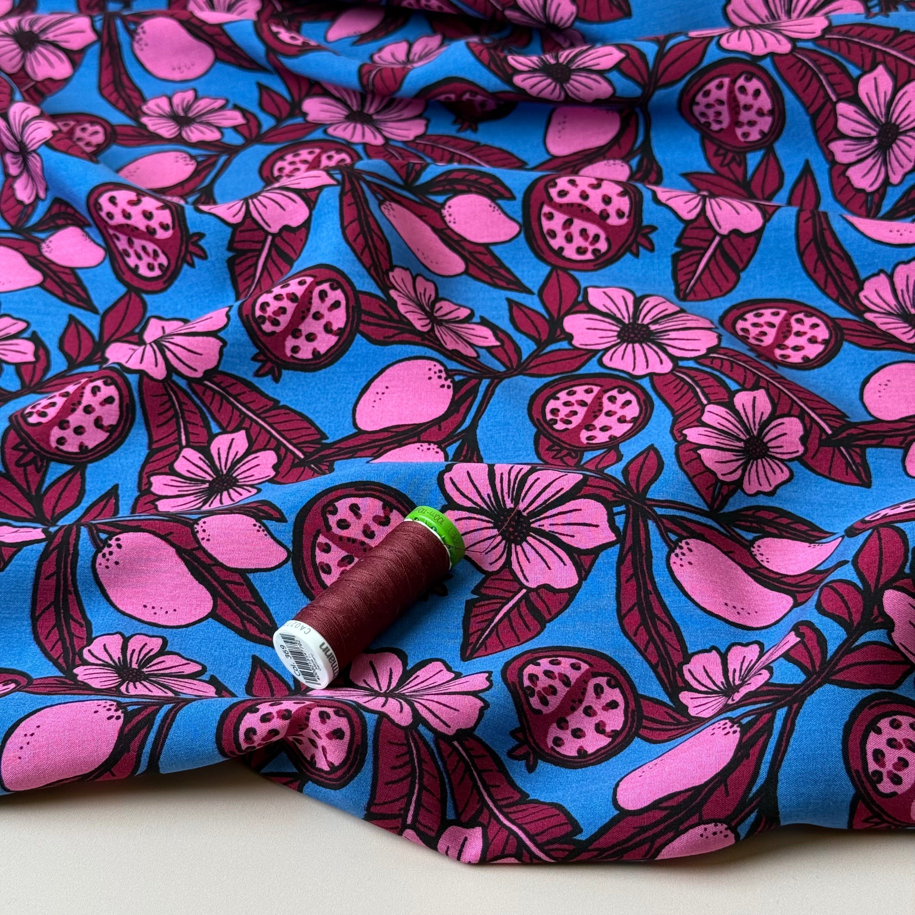 Pomegranates on Azure Blue Viscose Fabric