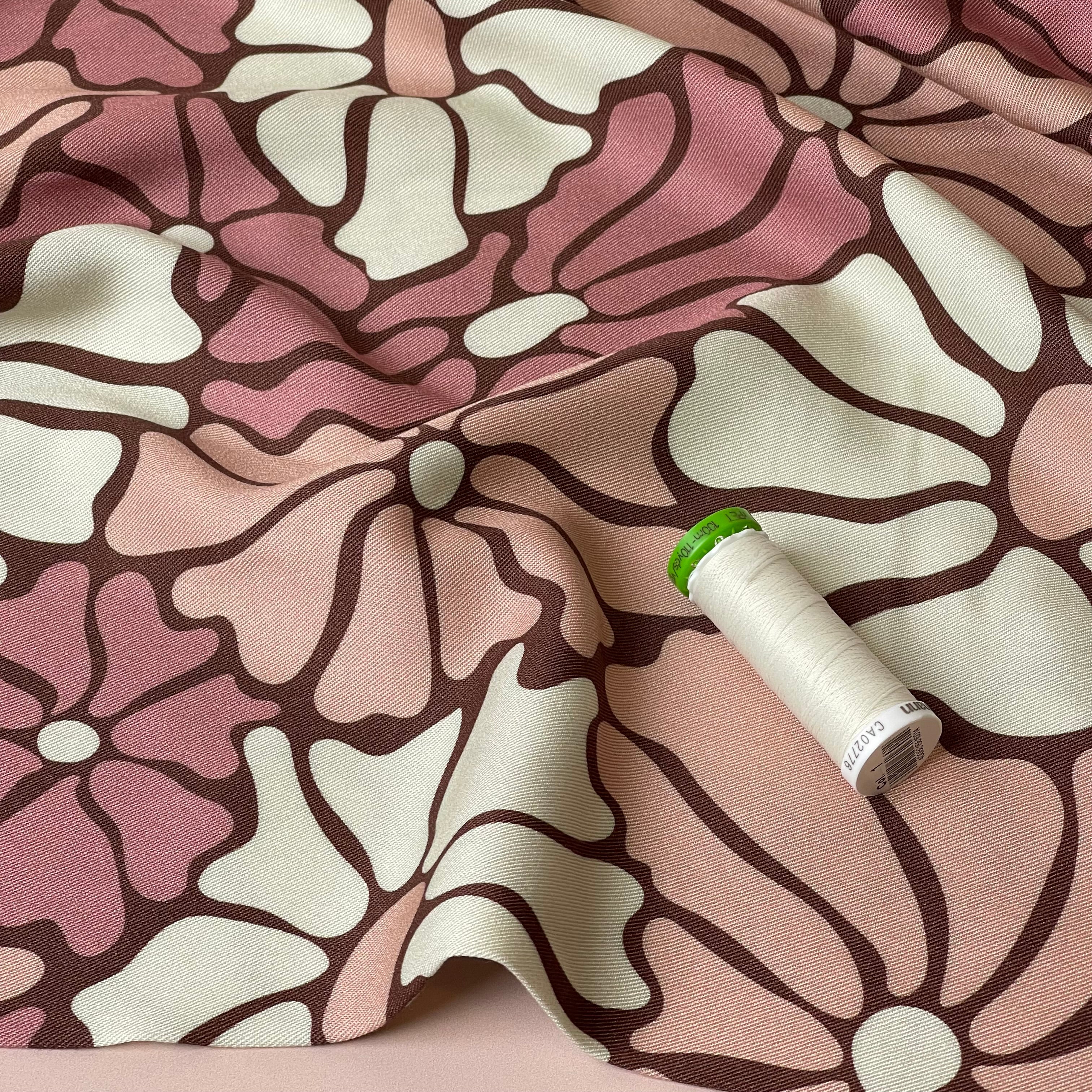Light & Lush - Pink Blooms on Brown Viscose Twill Fabric