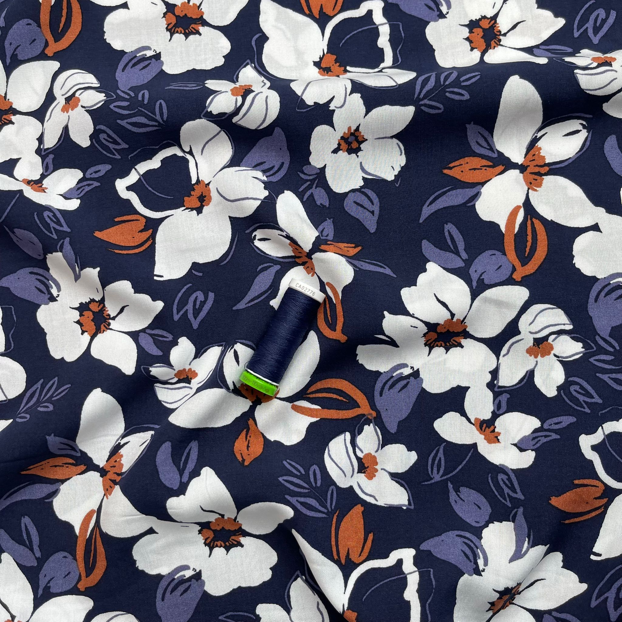 REMNANT 0.5 Metre - White Flowers on Navy Viscose Fabric