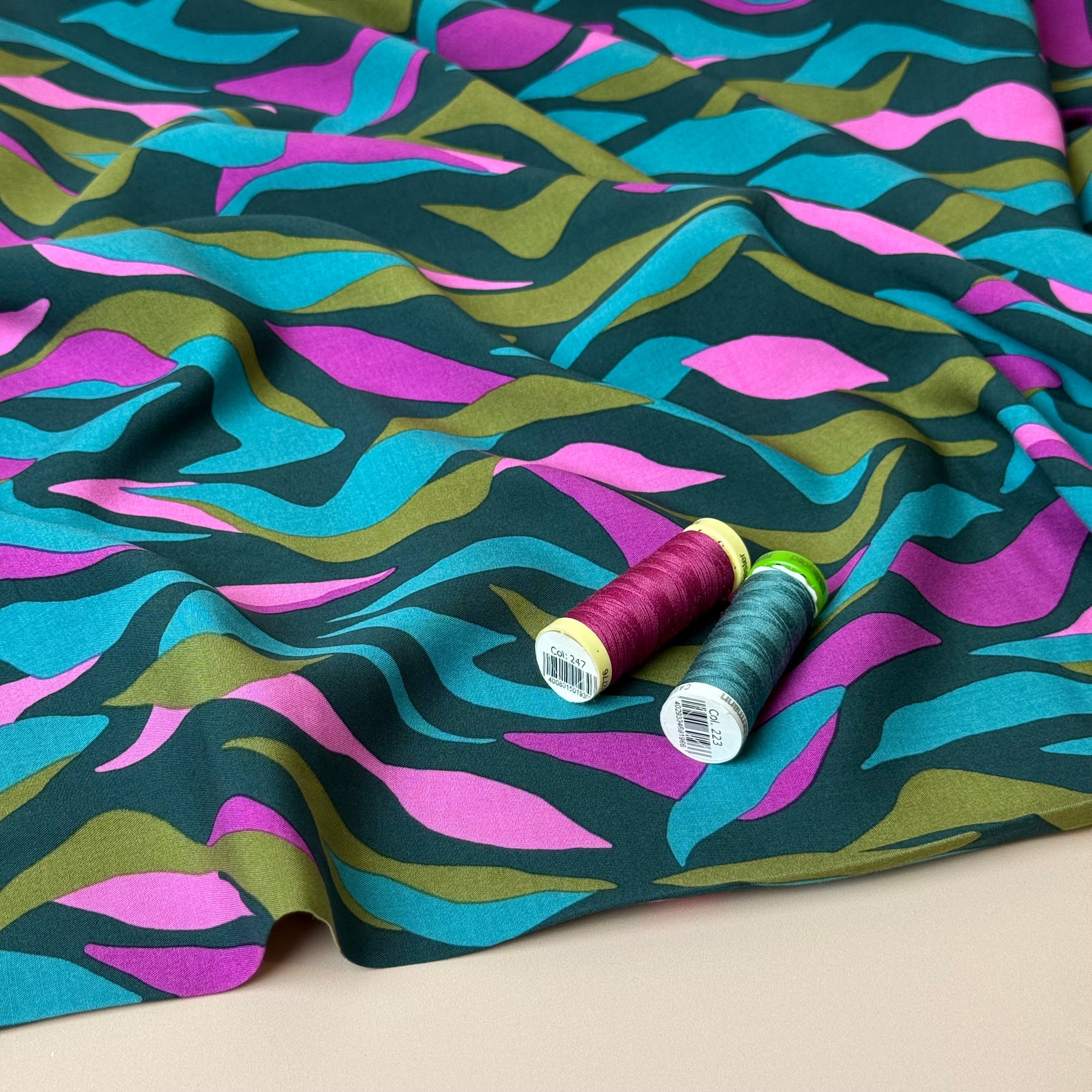Abstract Waves Teal LENZING™ ECOVERO™ Viscose Fabric