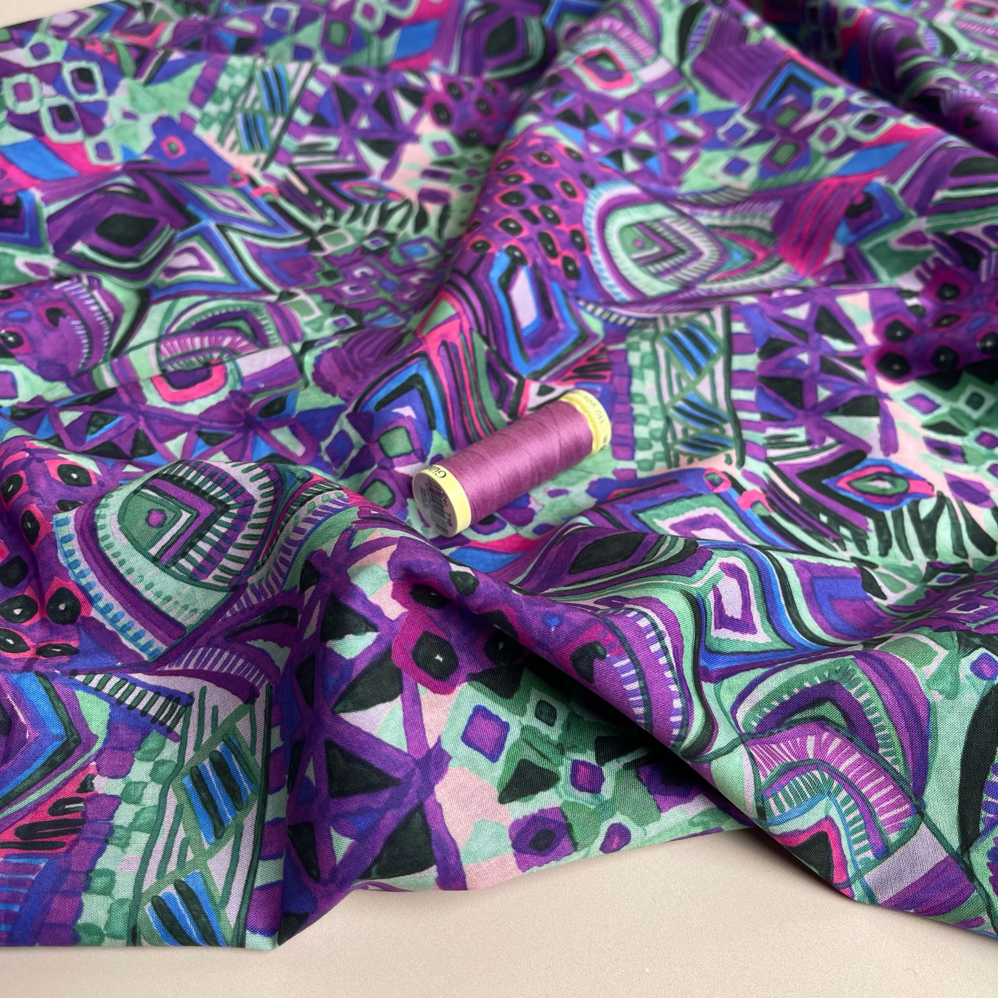 REMNANT 0.64 Metre - Painted Purple Aztec Cotton Voile Fabric