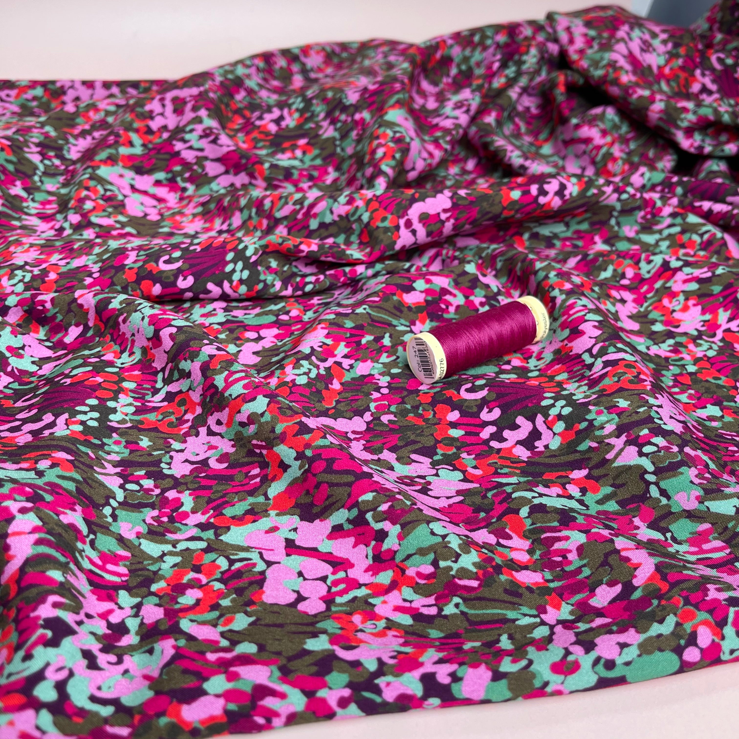 REMNANT 1.38 Metres - Nerida Hansen -Colourful Garden on Plum Viscose with LENZING™ ECOVERO™ fibres