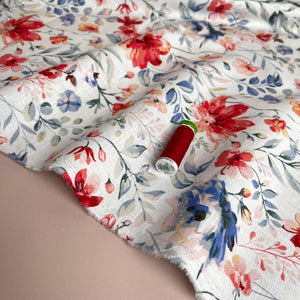REMNANT 1.13 Metres - Red Flowers on White Linen Cotton Blend Fabric