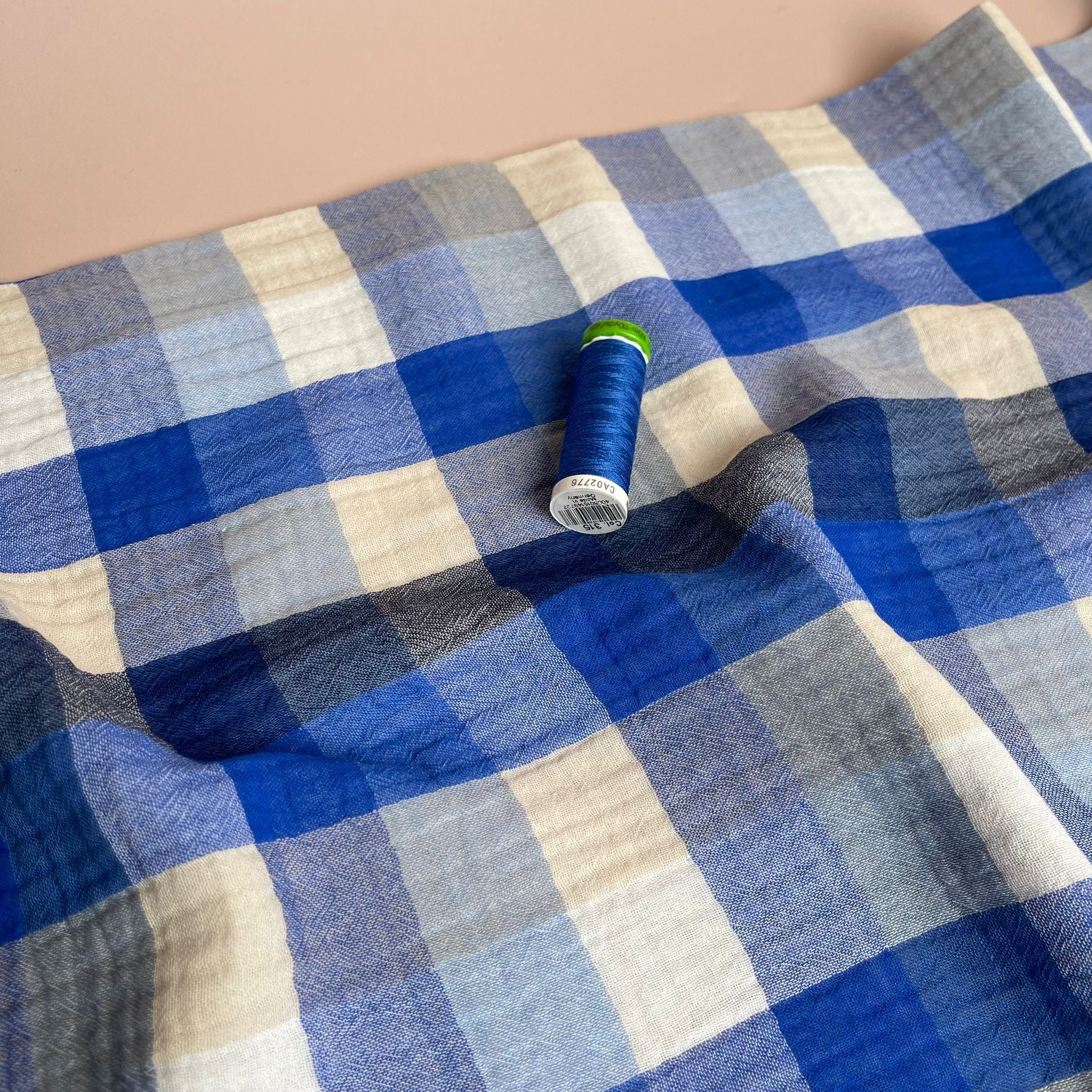 REMNANT 2.18 Metres - Checked Cobalt Cotton Double Gauze