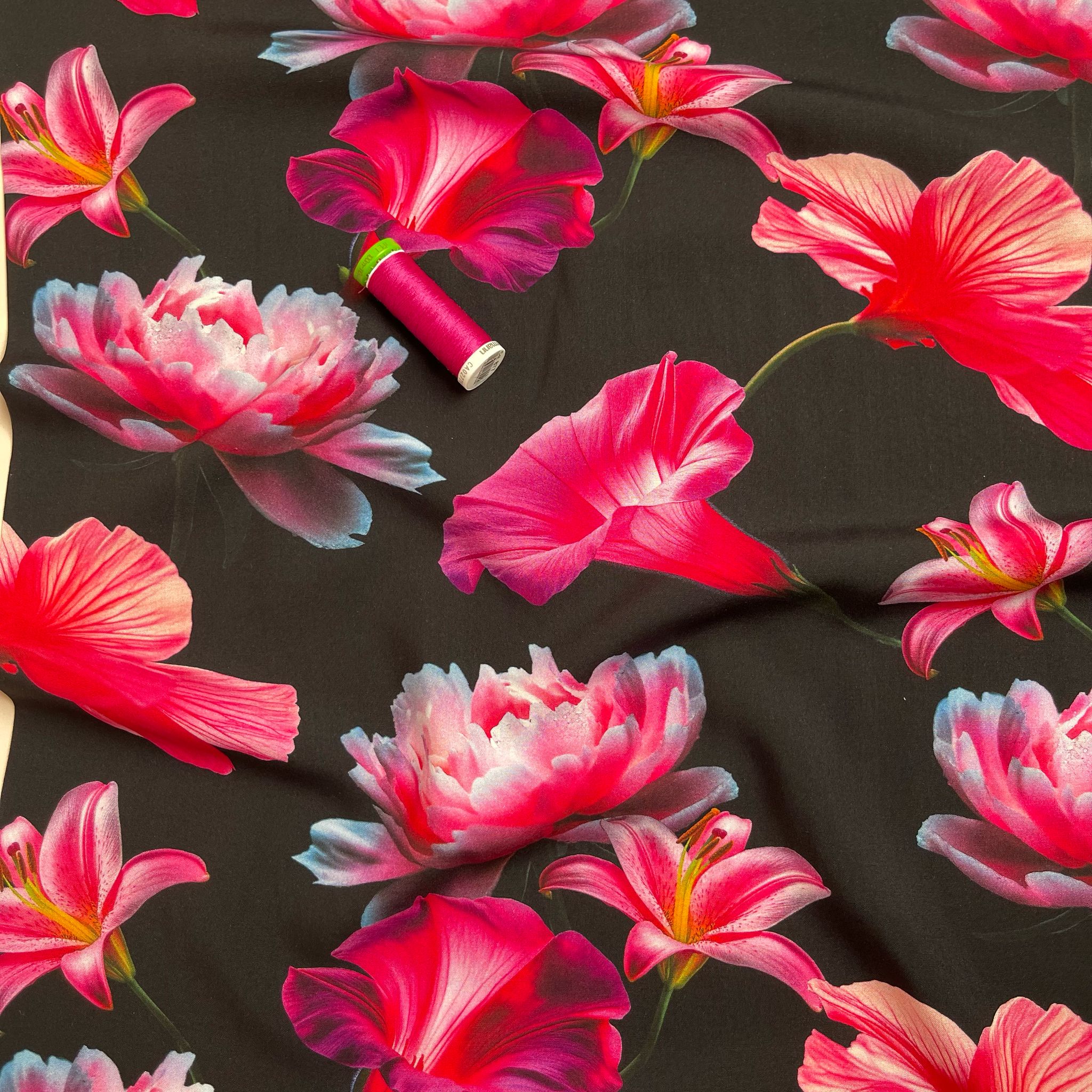 REMNANT 1.2 Metres - Fuchsia Blooms on Black Viscose Fabric
