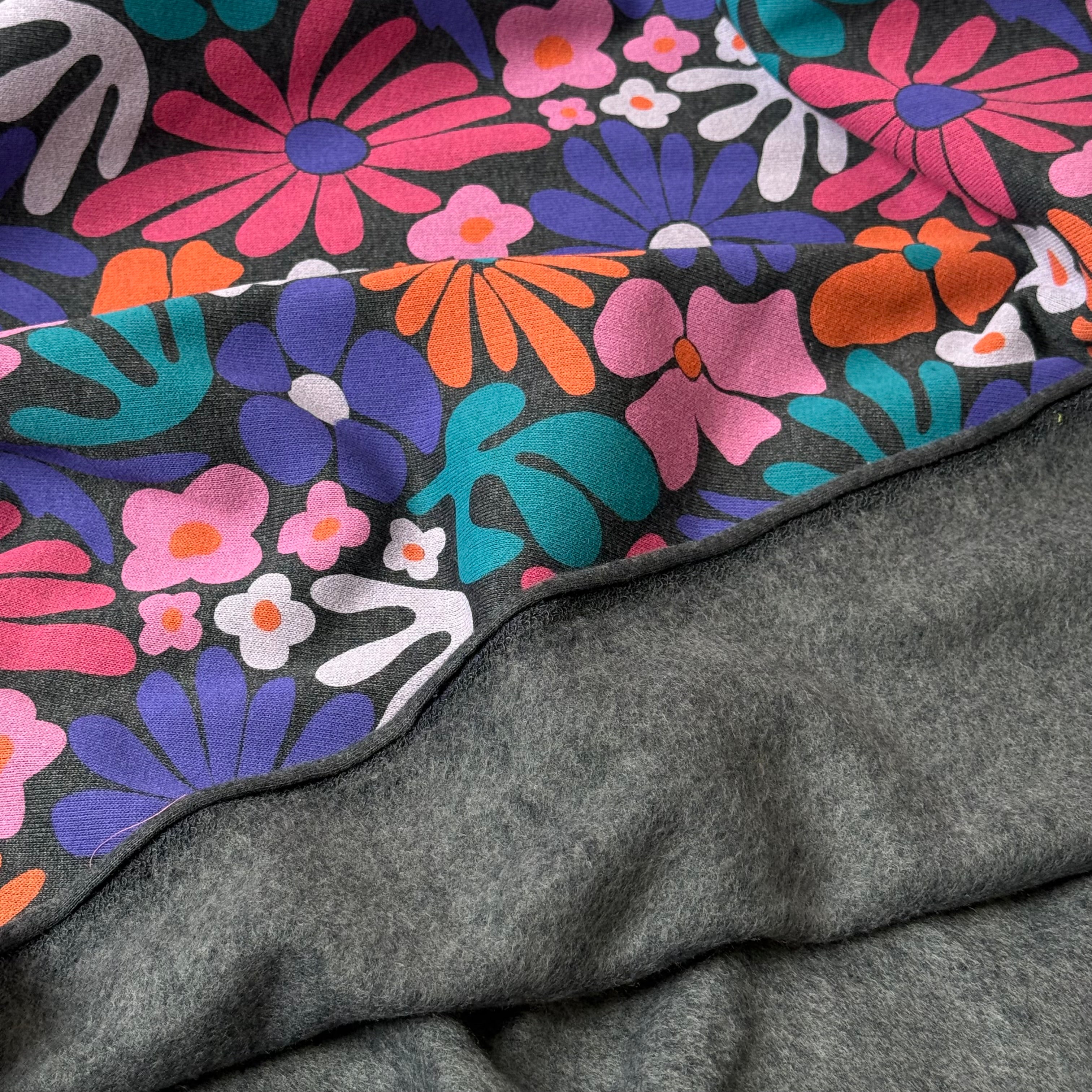Flowers on Melange Grey Cotton Sweat-shirting Fabric