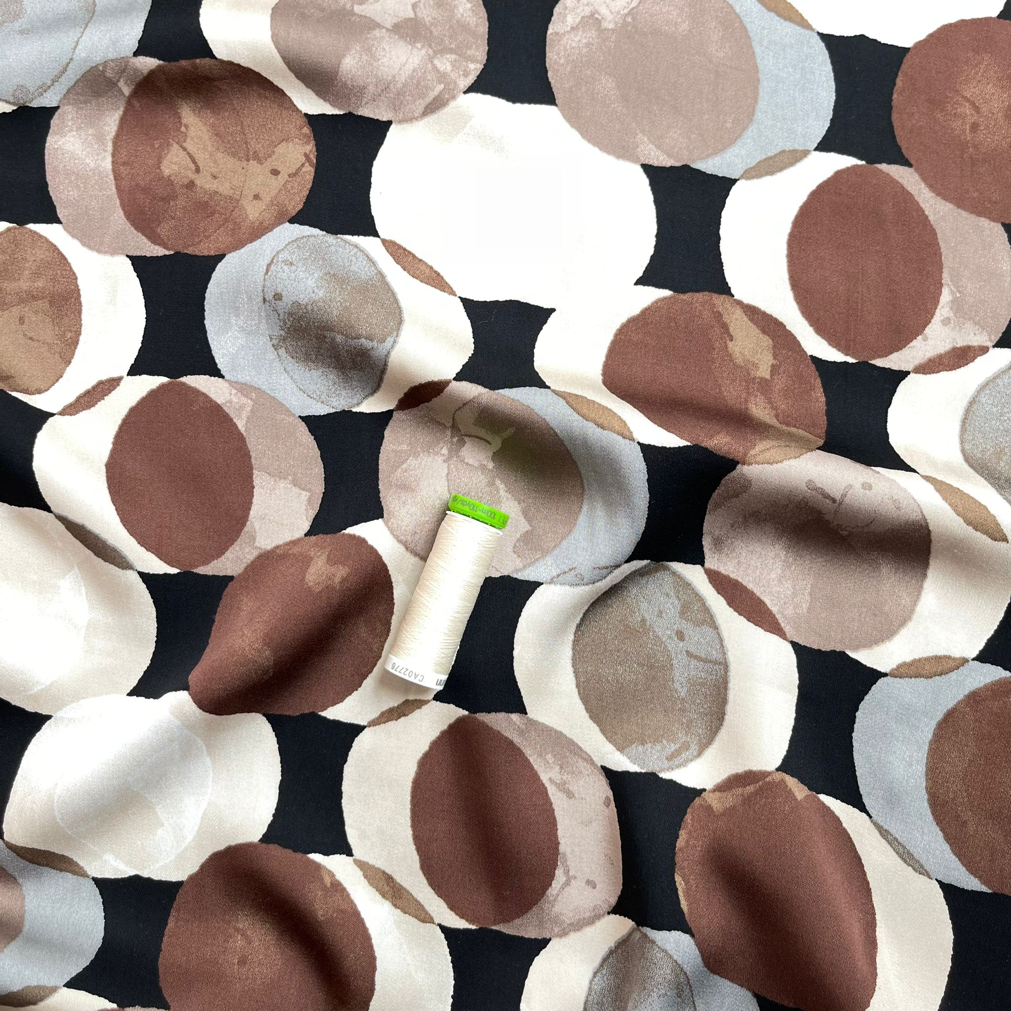 Watercolour Dots on Black Viscose Sateen Fabric