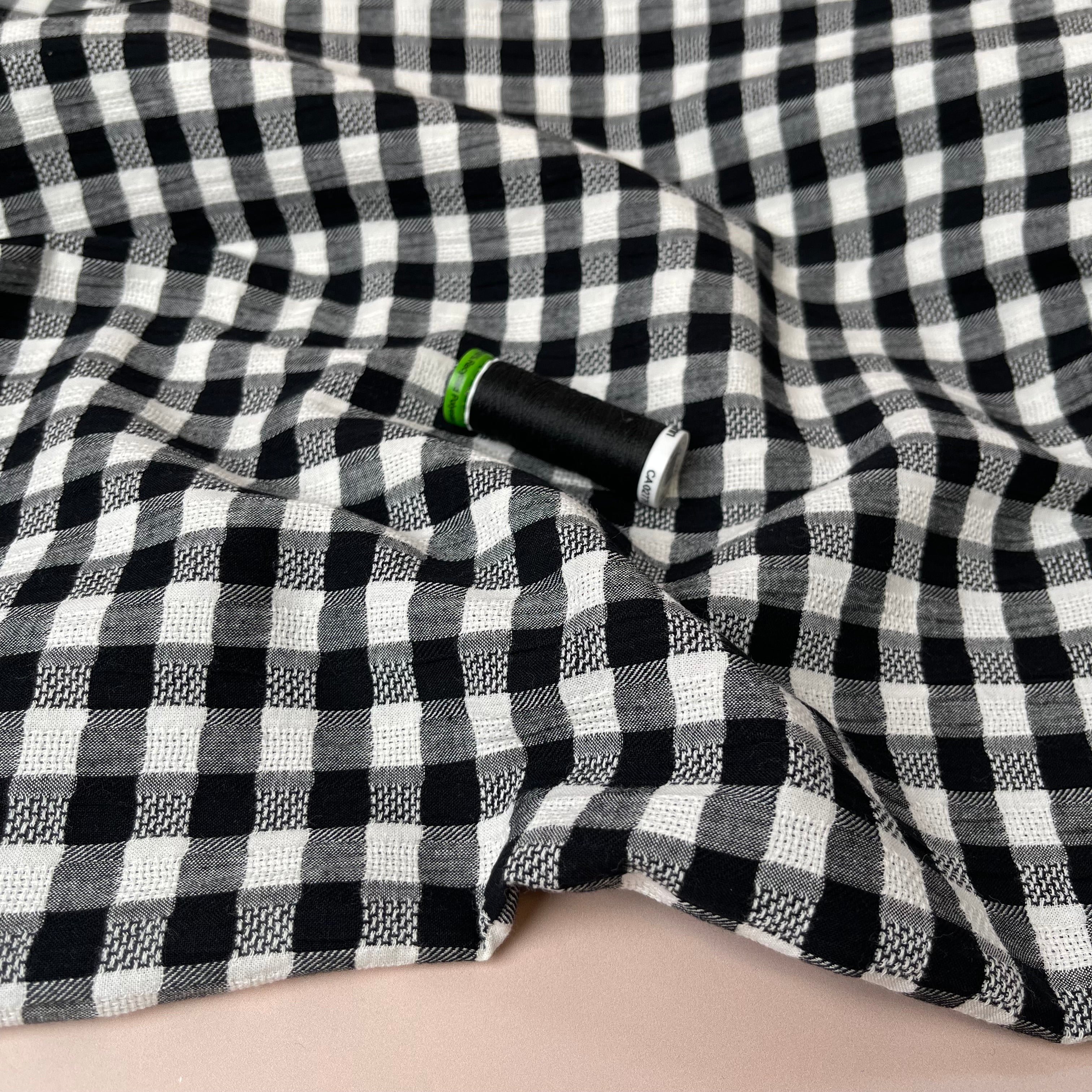 Black Gingham Cotton Seersucker Fabric