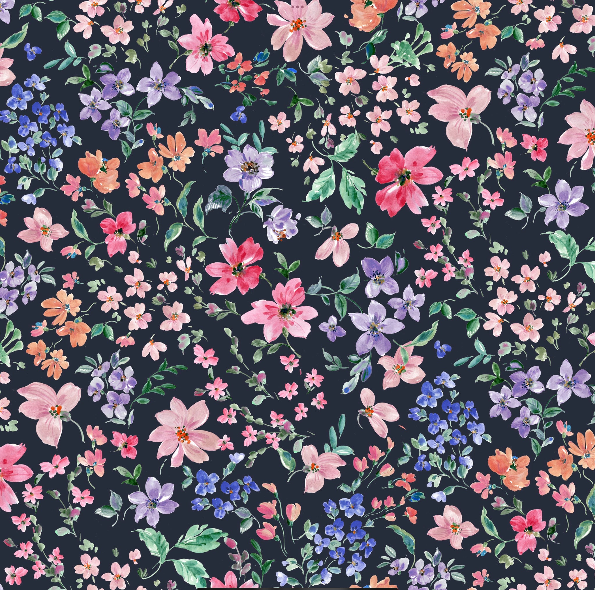REMNANT 2.65 Metres - Small Flowers on Navy Cotton French Terry