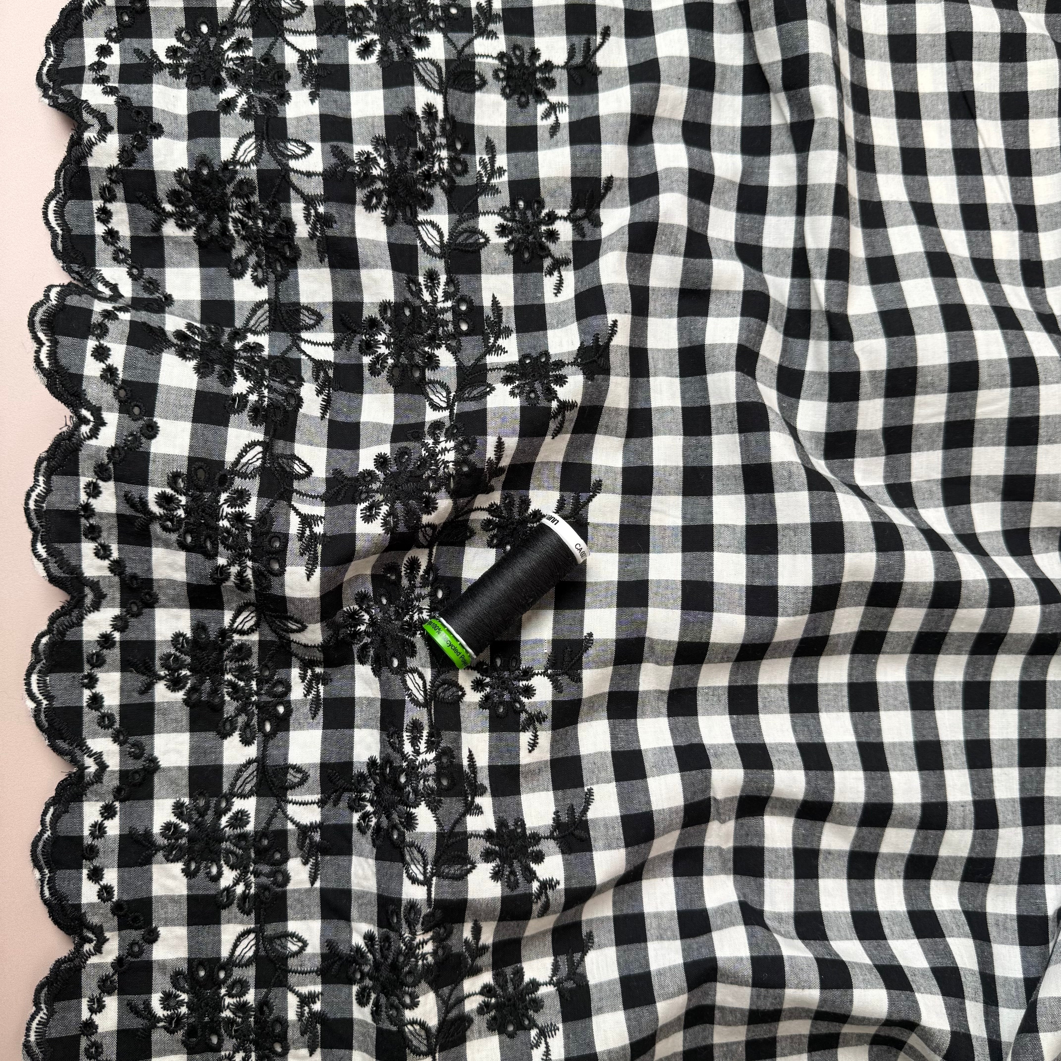 Scalloped Embroidered Gingham Cotton Fabric