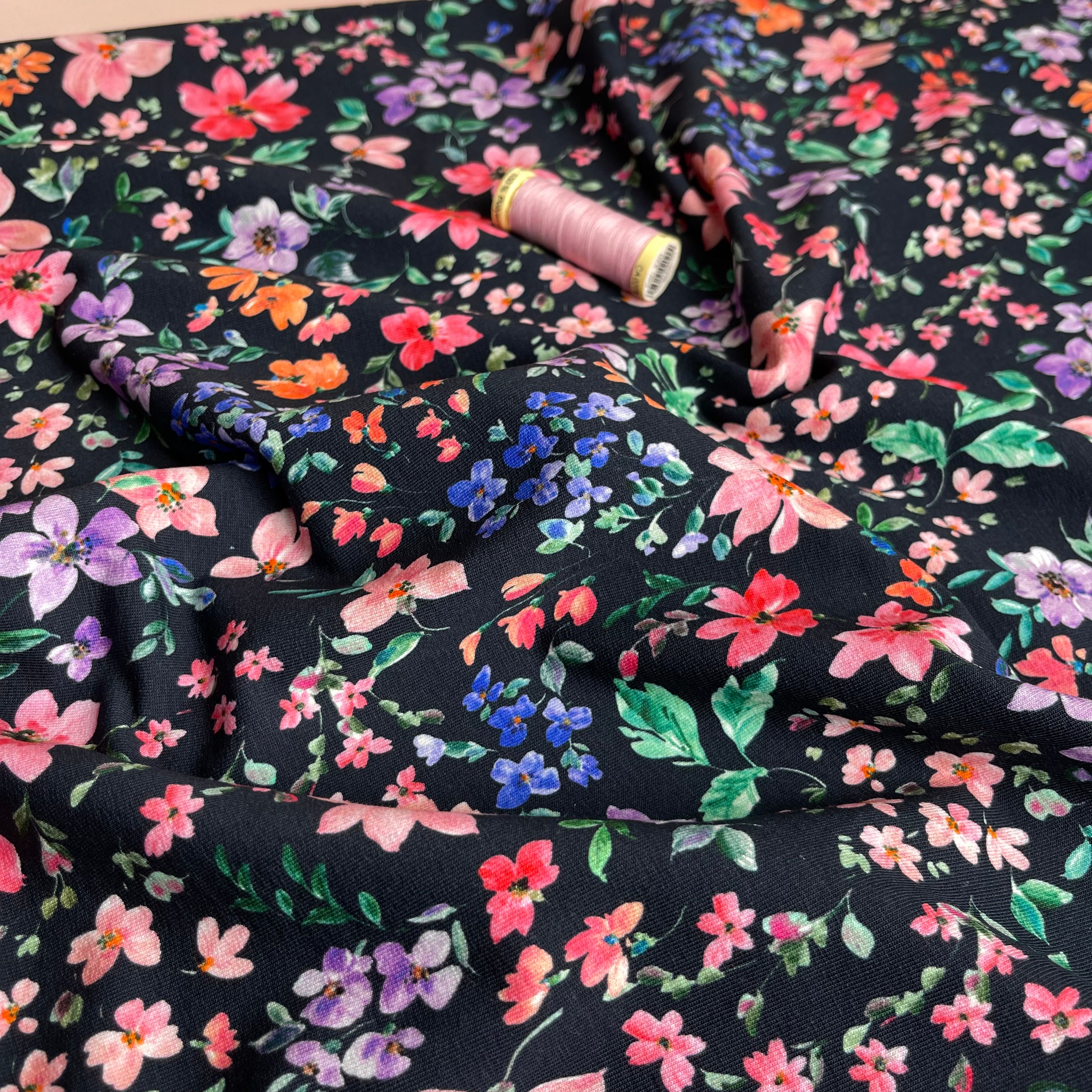 REMNANT 2.65 Metres - Small Flowers on Navy Cotton French Terry