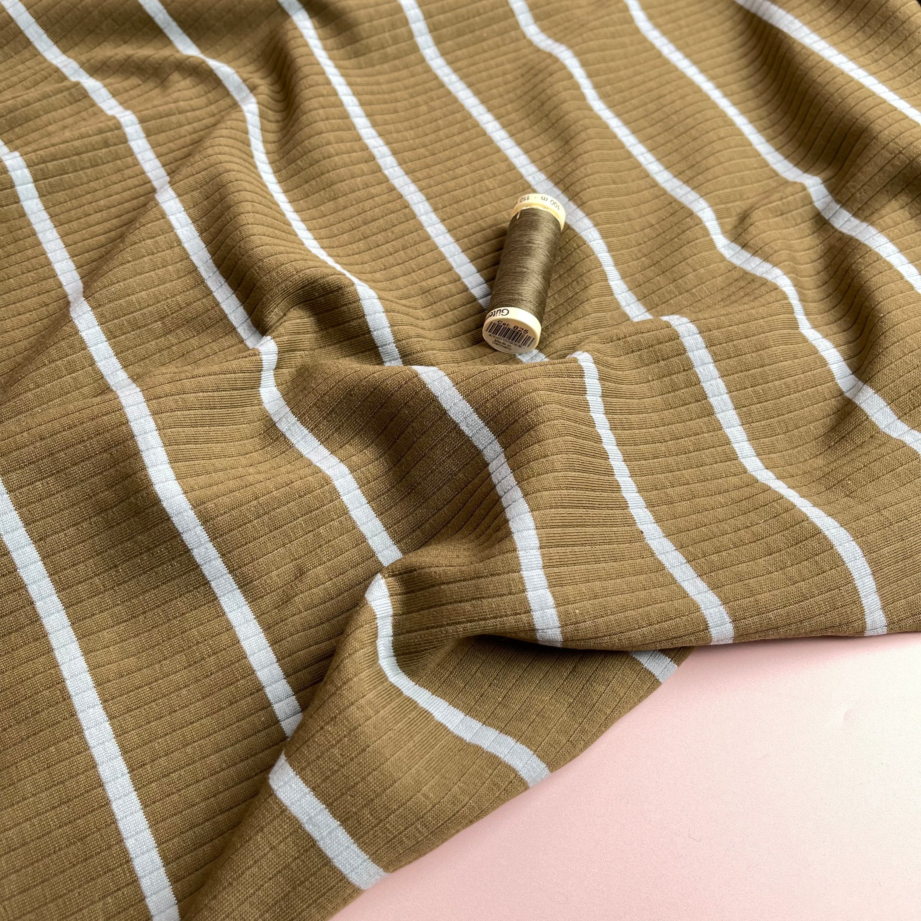 Yarn Dyed Striped Cotton Ribbed Jersey in Khaki & Mint
