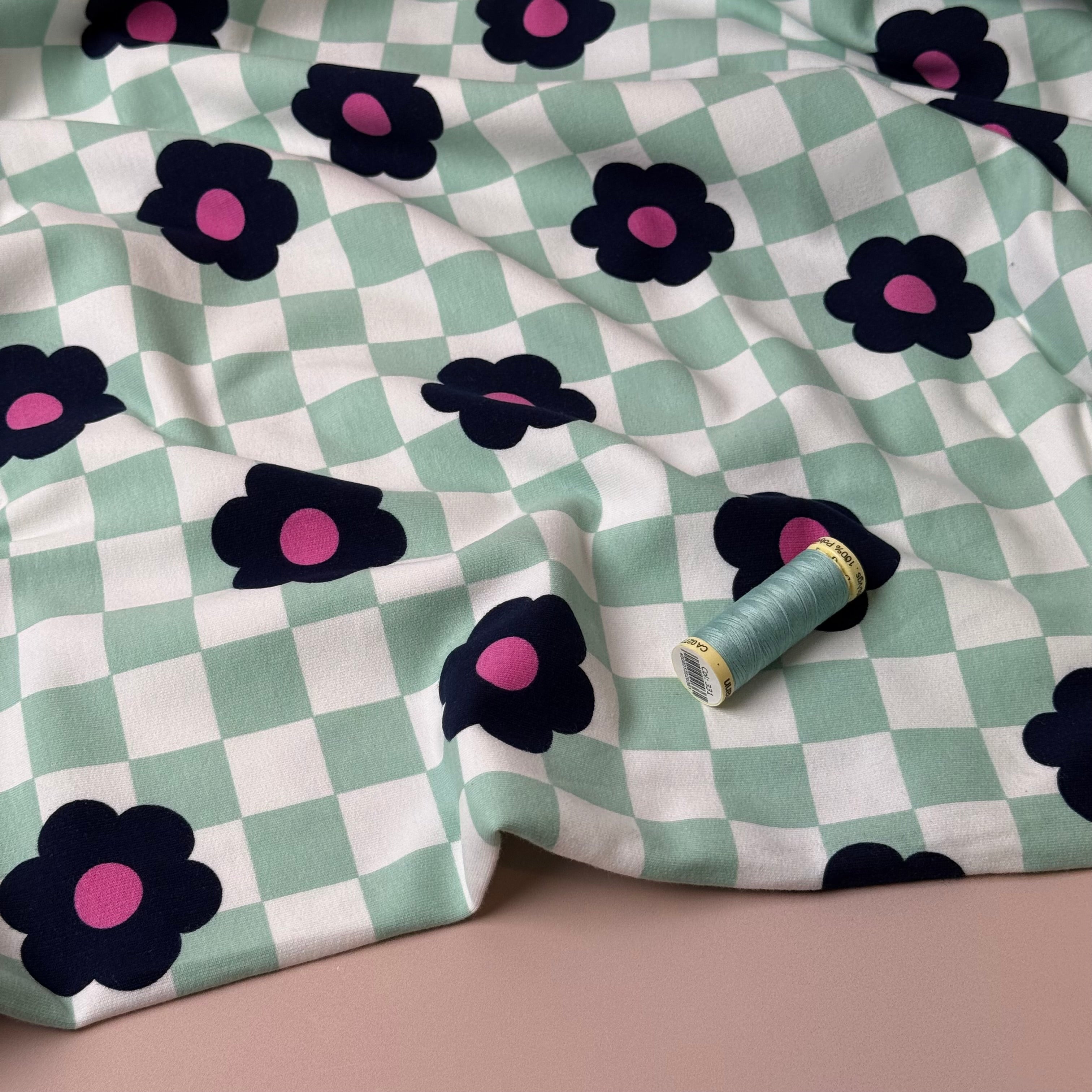 Gingham Flowers Mint Soft Cotton Sweat-shirting Fabric