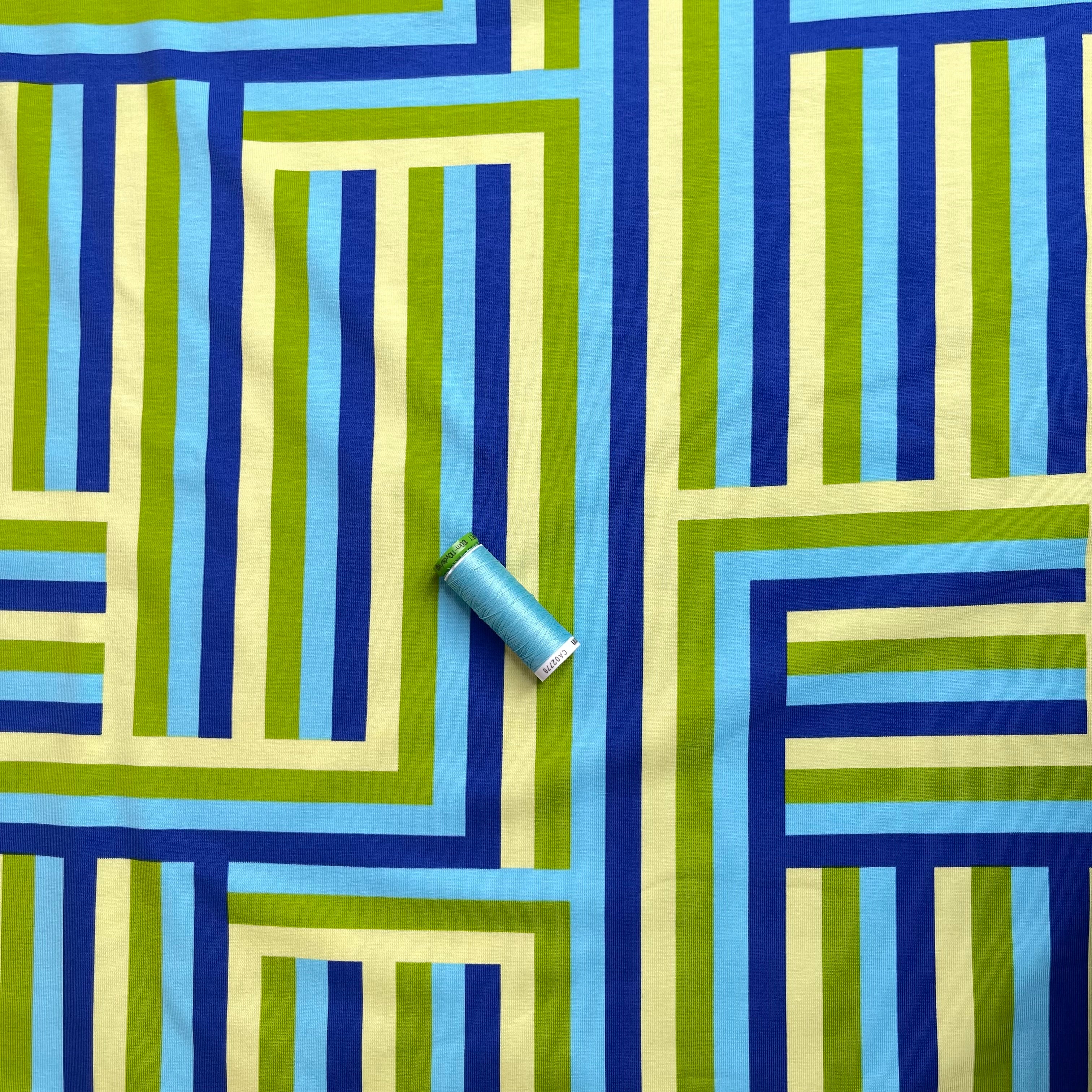 REMNANT 1.5 Metres - Rainbow Maze Turquoise Cotton Jersey Fabric