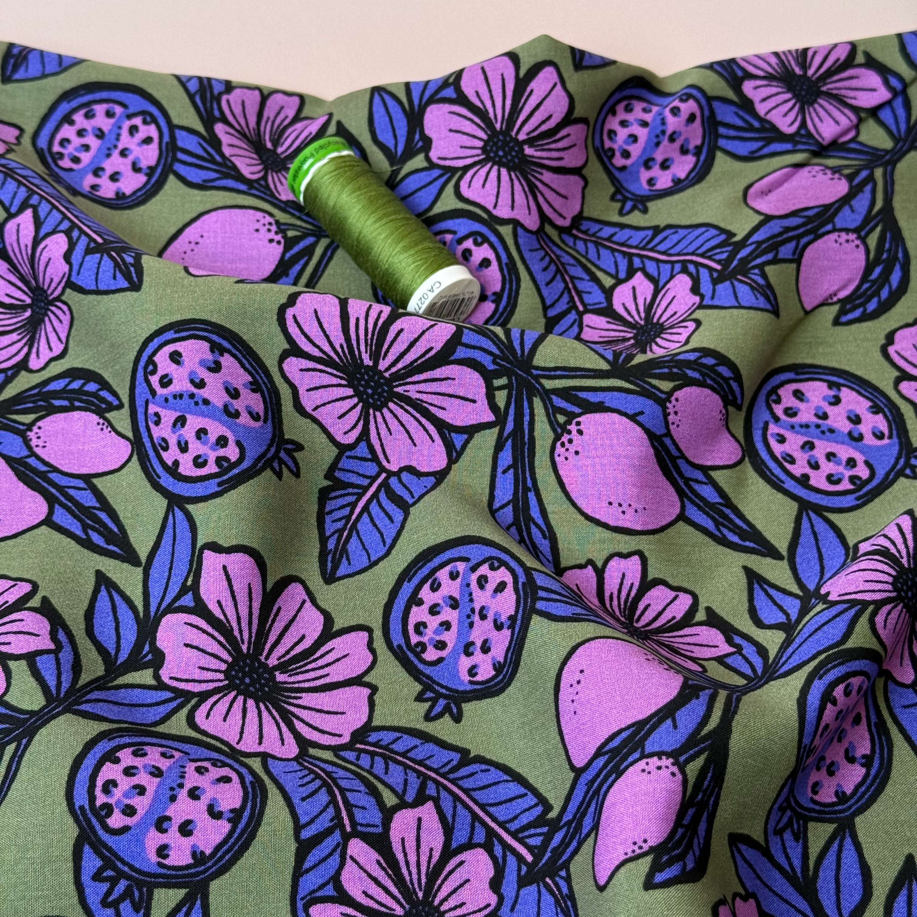 Pomegranates on Olive Green Viscose Fabric