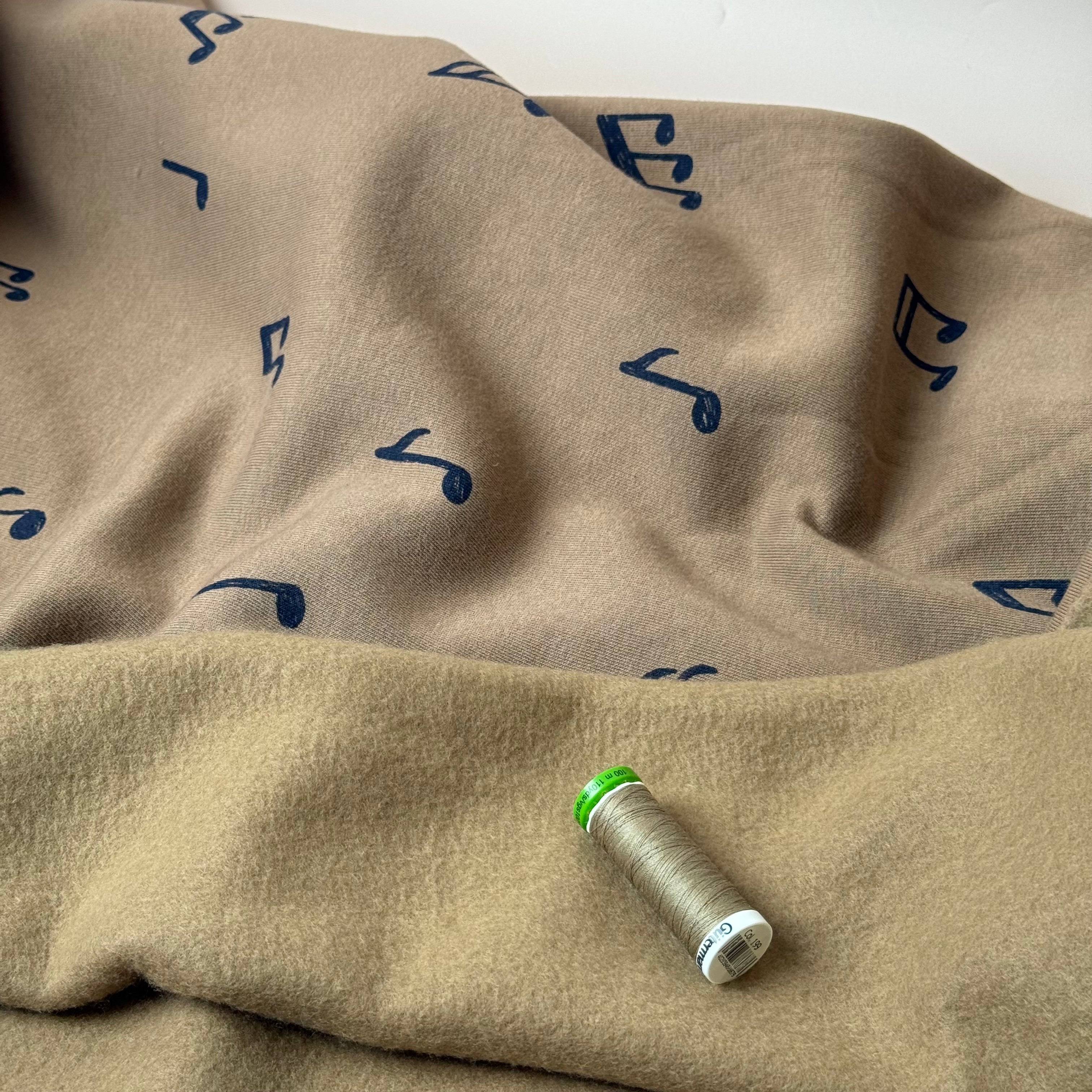 Music Notes in Camel Soft Cotton Jogging Sweat-shirting Fabric