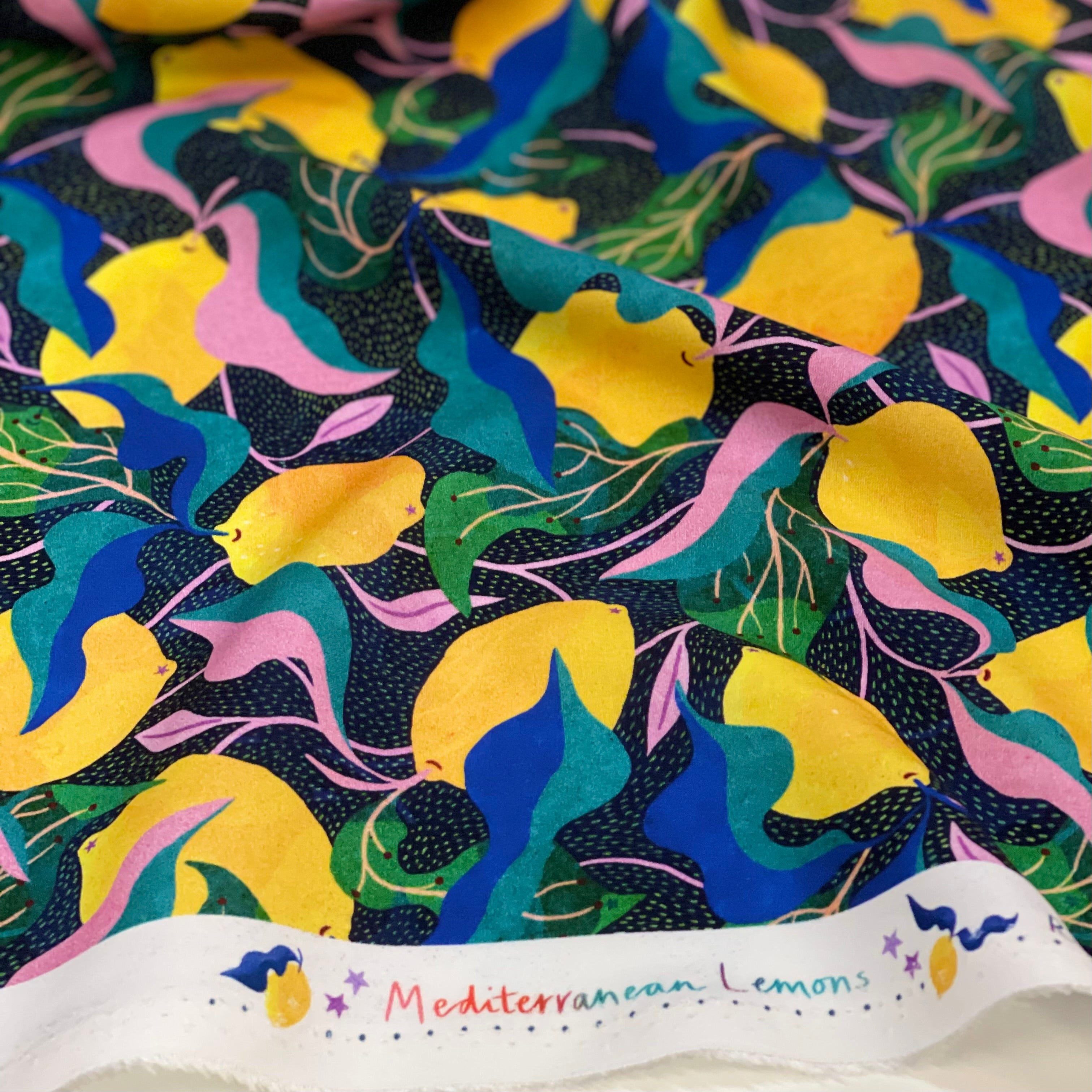 Adventure - Mediterranean Lemons Viscose in Dark Navy & Green