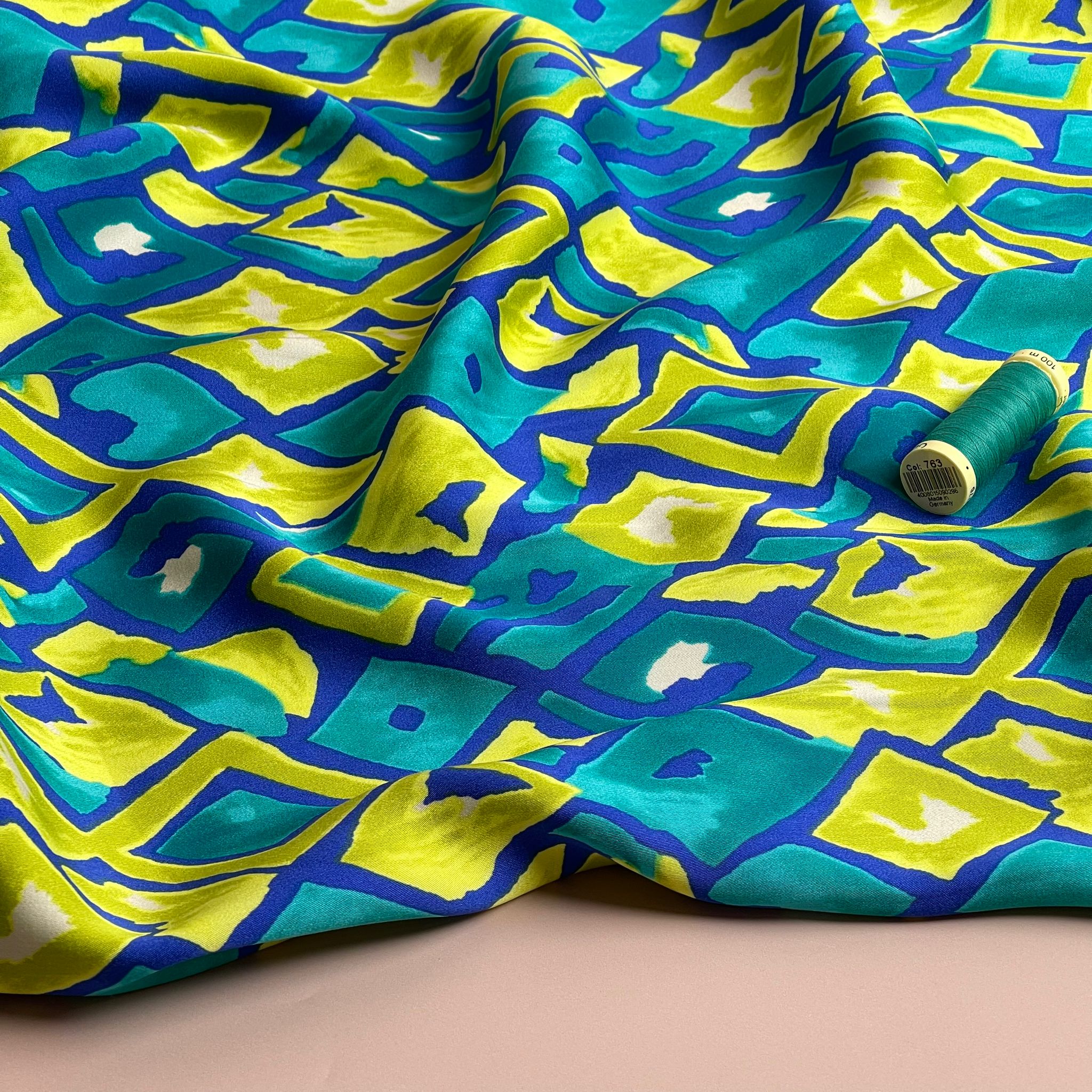 REMNANT 0.43 Metre - Painted Ocean Waves Diamonds Viscose Sateen Fabric