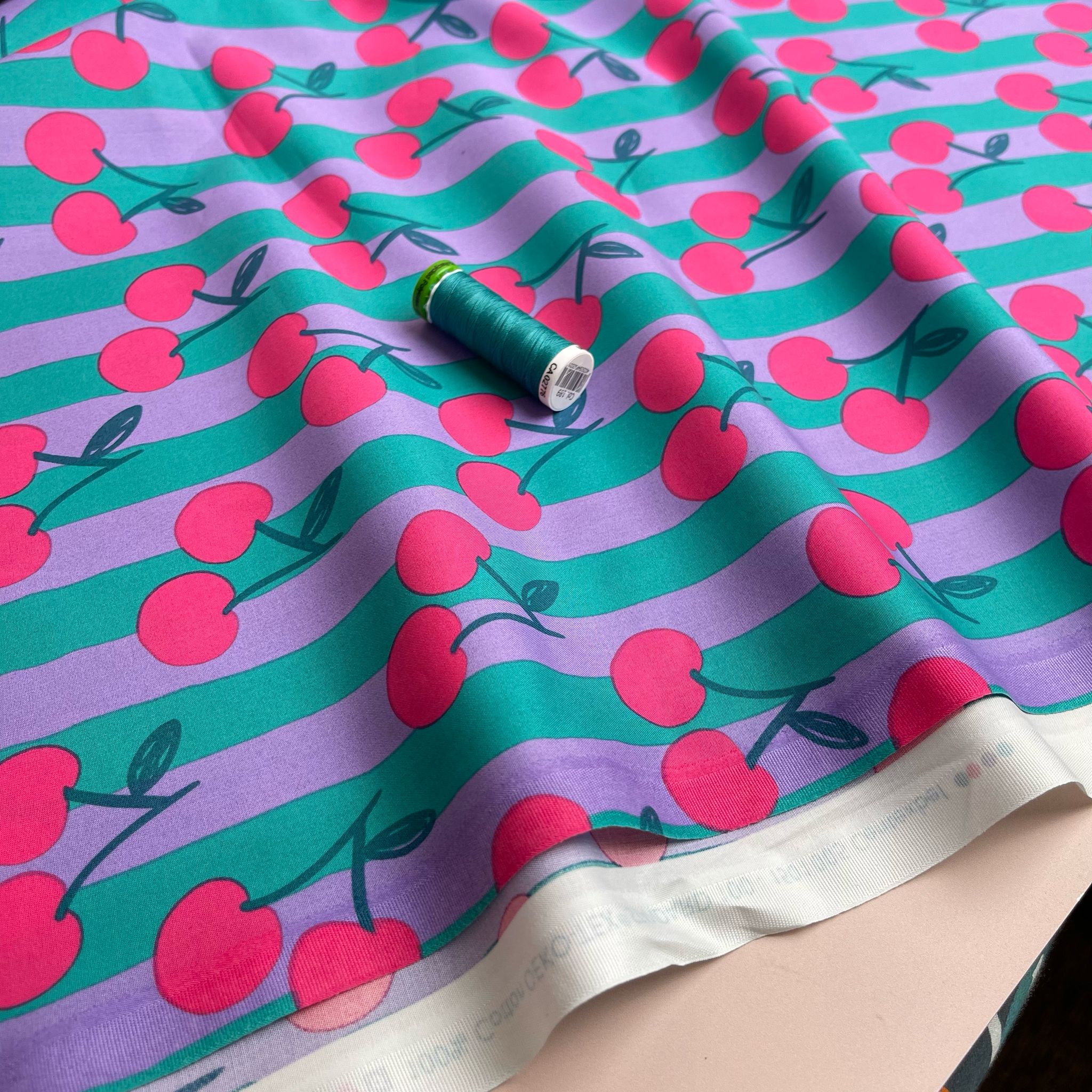 Funky Cherry Stripes on Teal Cotton Poplin Fabric