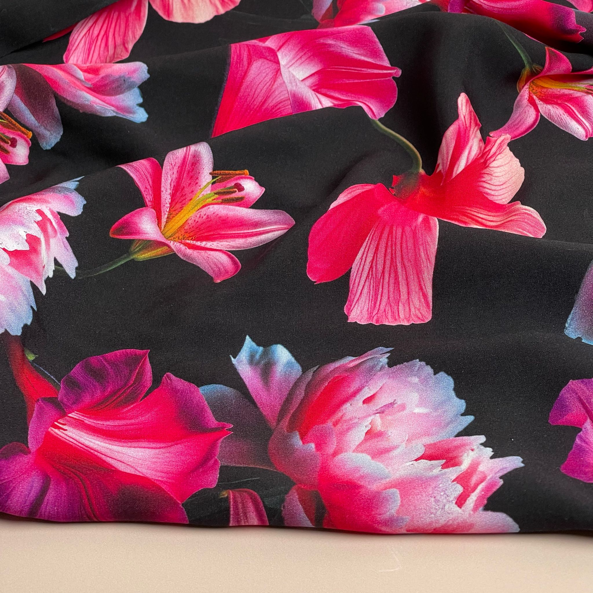 REMNANT 1.2 Metres - Fuchsia Blooms on Black Viscose Fabric