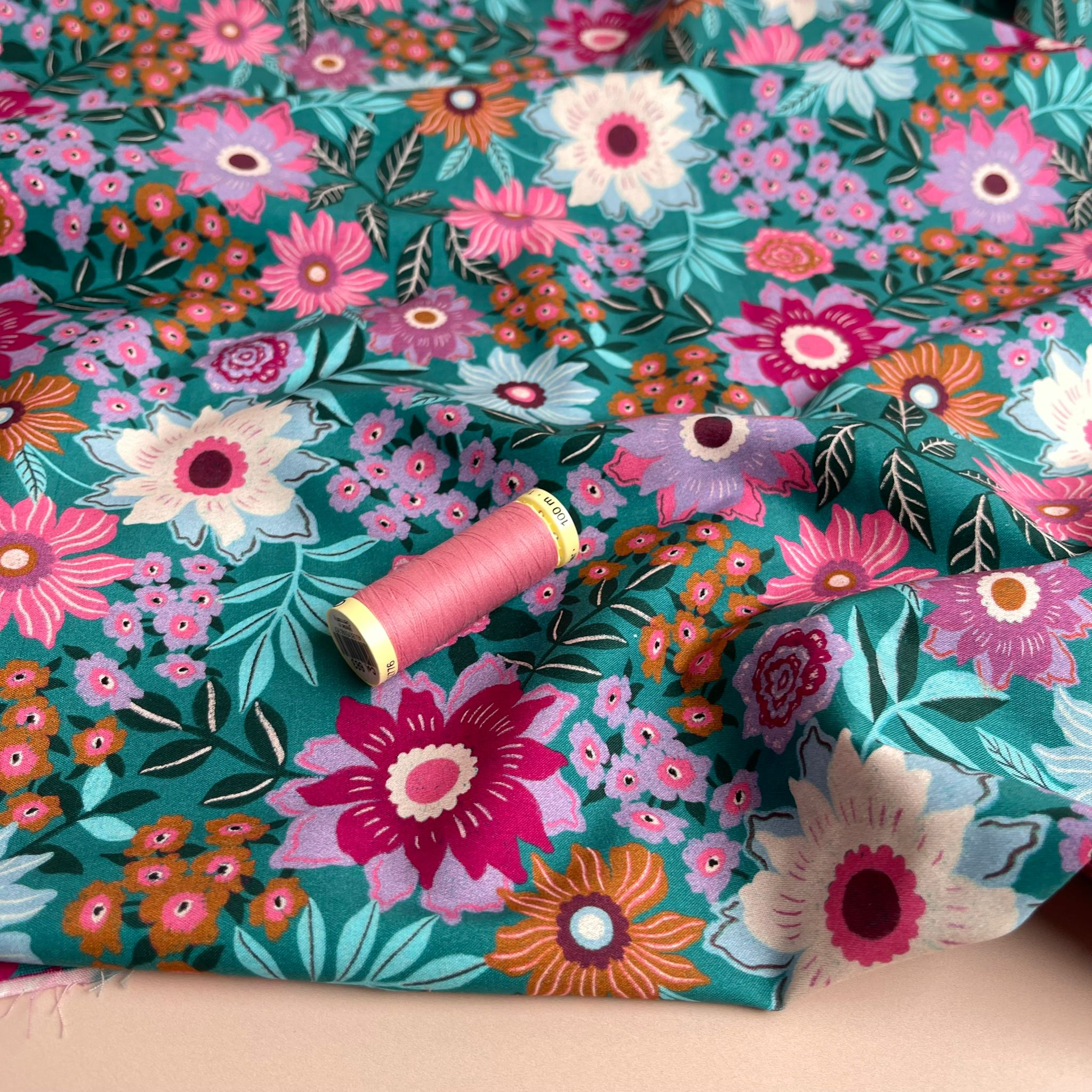 REMNANT 2.12 Metres - Flowers on Teal Cotton Poplin Fabric