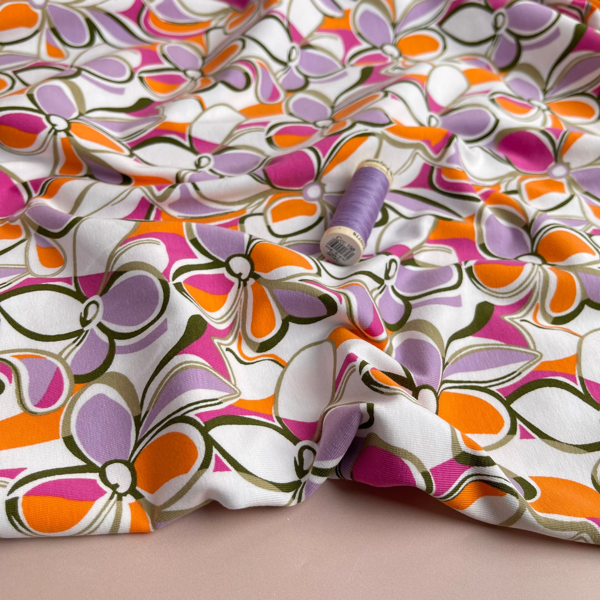REMNANT 0.88 Metre - Petals in Lilac and Orange Cotton Jersey Fabric