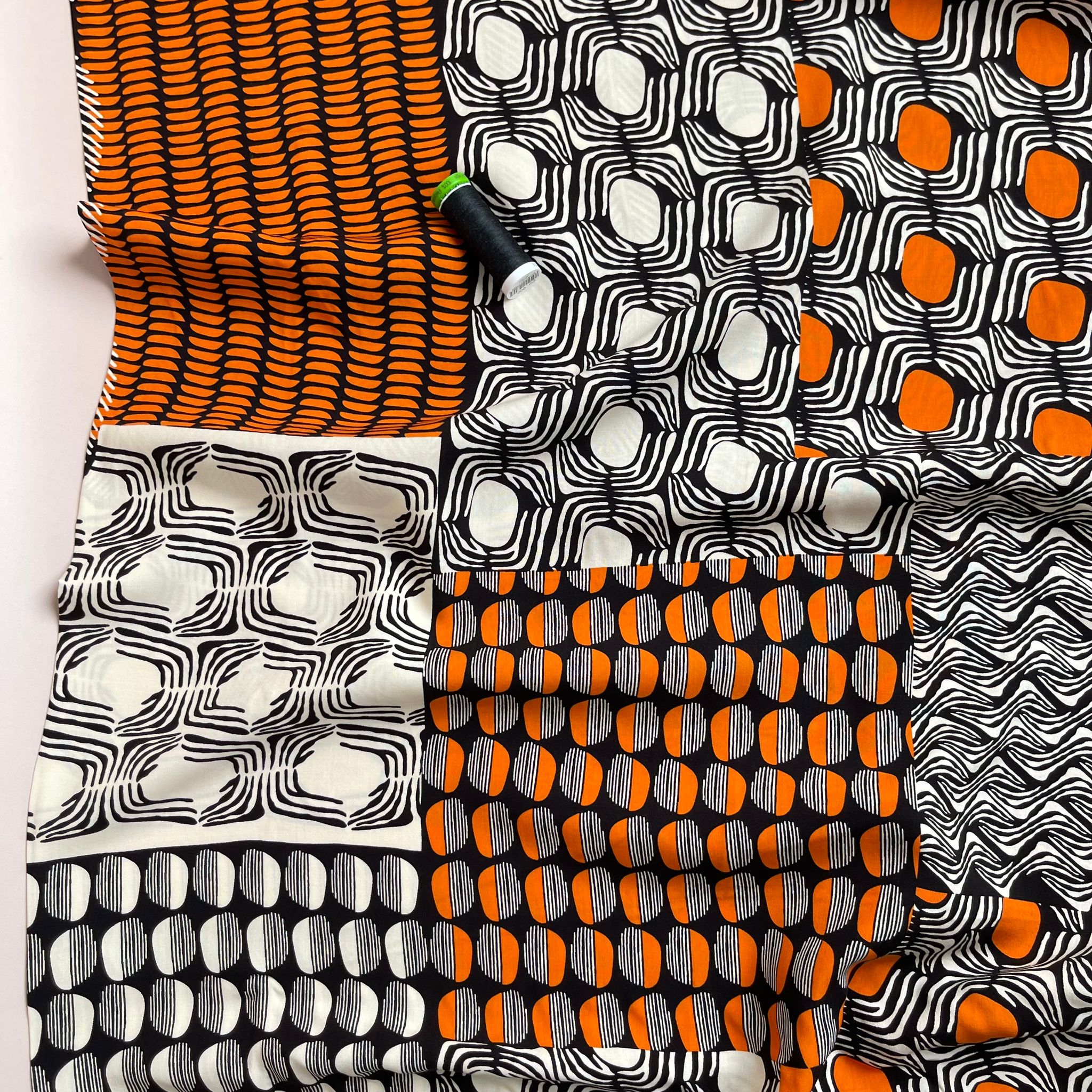 REMNANT 0.77 Metre - Patchwork Graphics in Orange Viscose Poplin Fabric