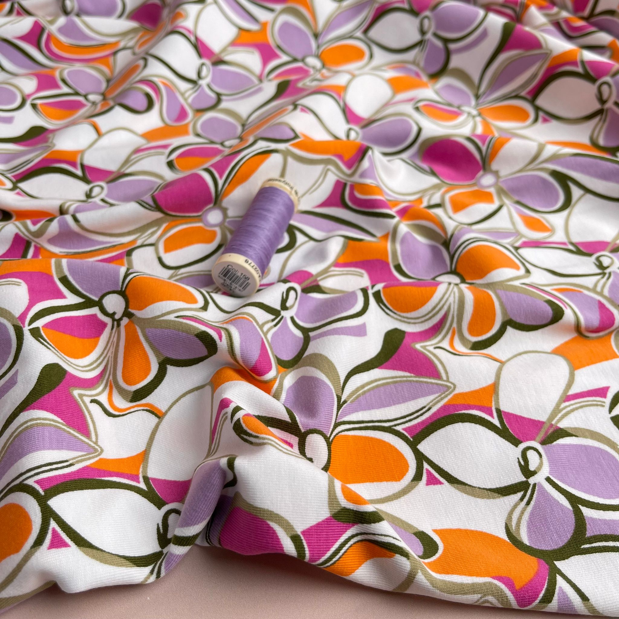 REMNANT 0.88 Metre - Petals in Lilac and Orange Cotton Jersey Fabric