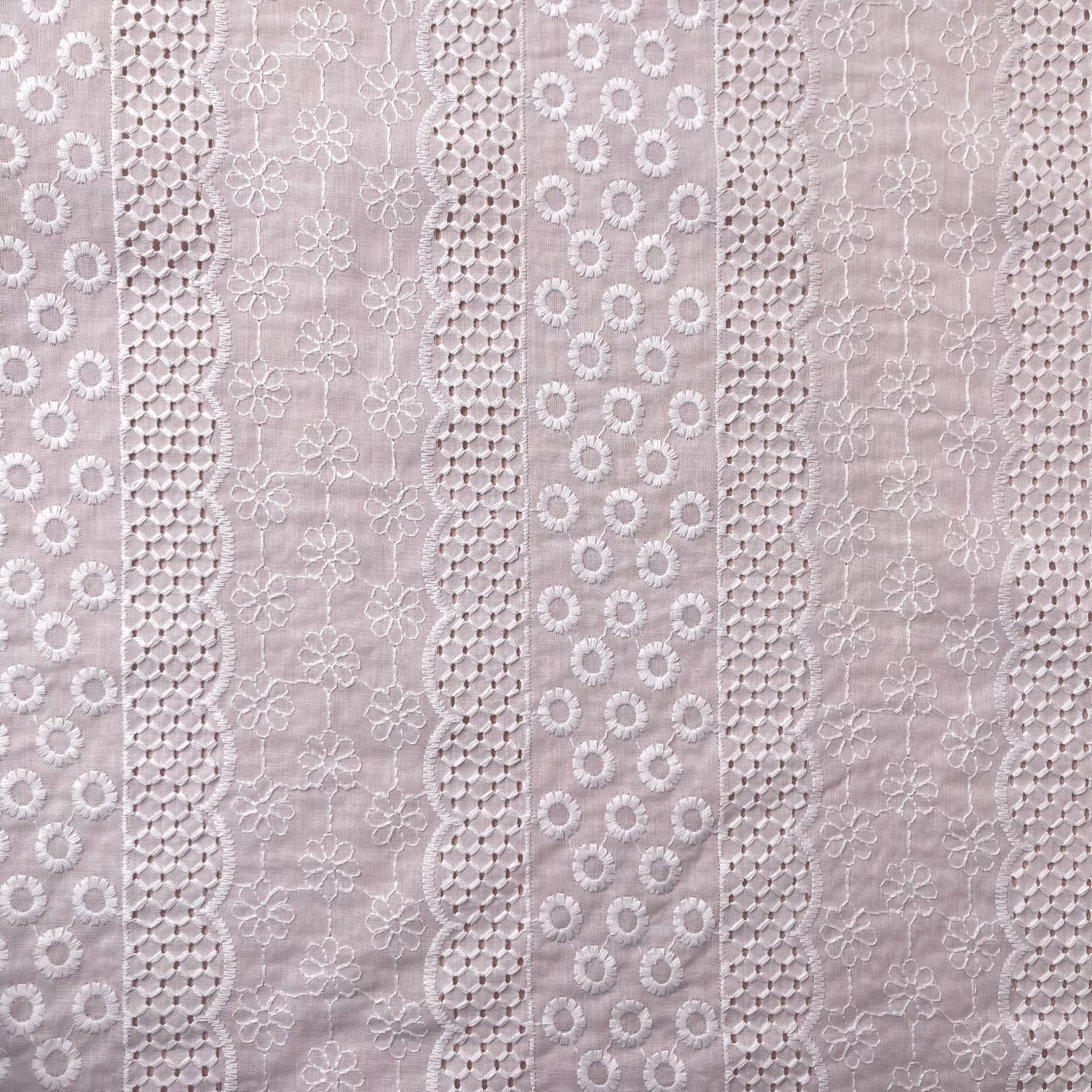 Embroidered White Stripes Cotton Broderie Anglaise Fabric