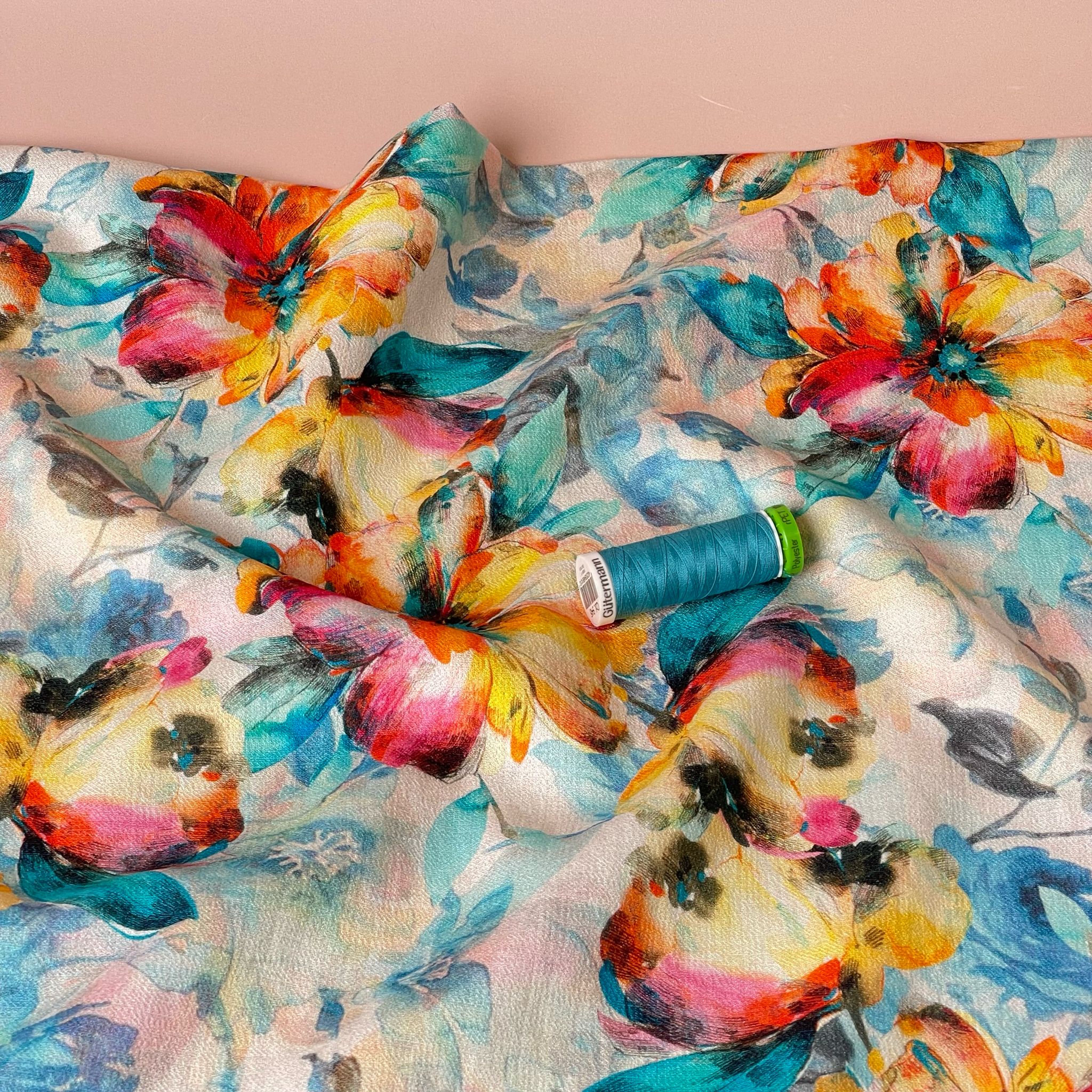 Watercolour Sunset Blooms on Turquoise Textured Viscose Fabric