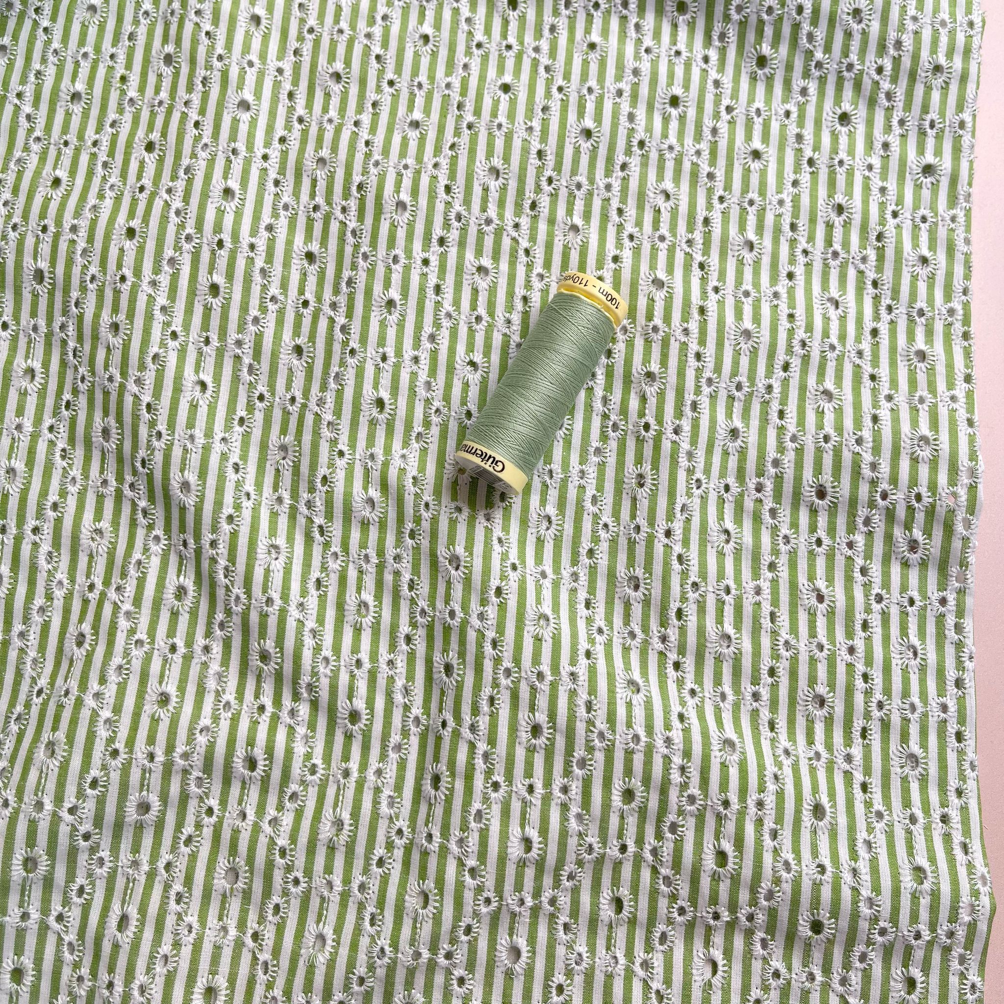 Spring Green Striped Broderie Anglaise Cotton Fabric