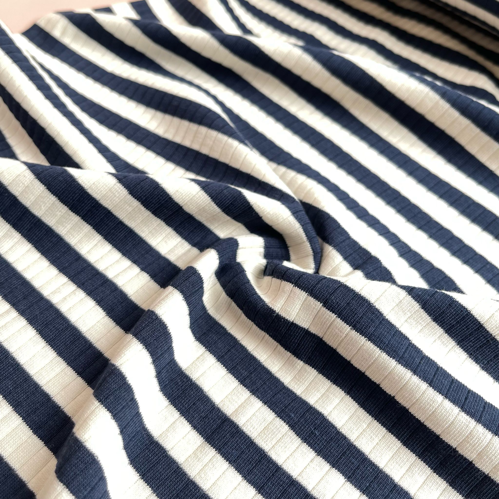 Yarn Dyed Striped Cotton Ribbed Jersey in Navy and White