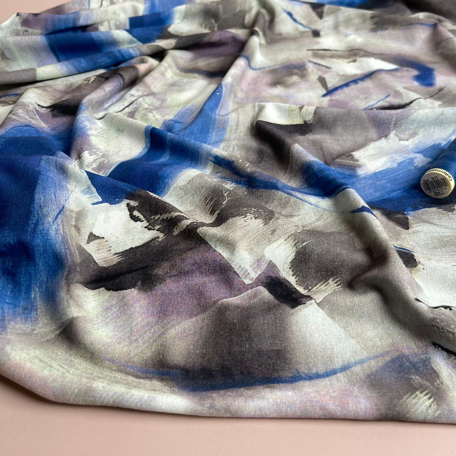 REMNANT 2.57 Metres - Abstract Painting in Cobalt and Grey Viscose Jersey Fabric