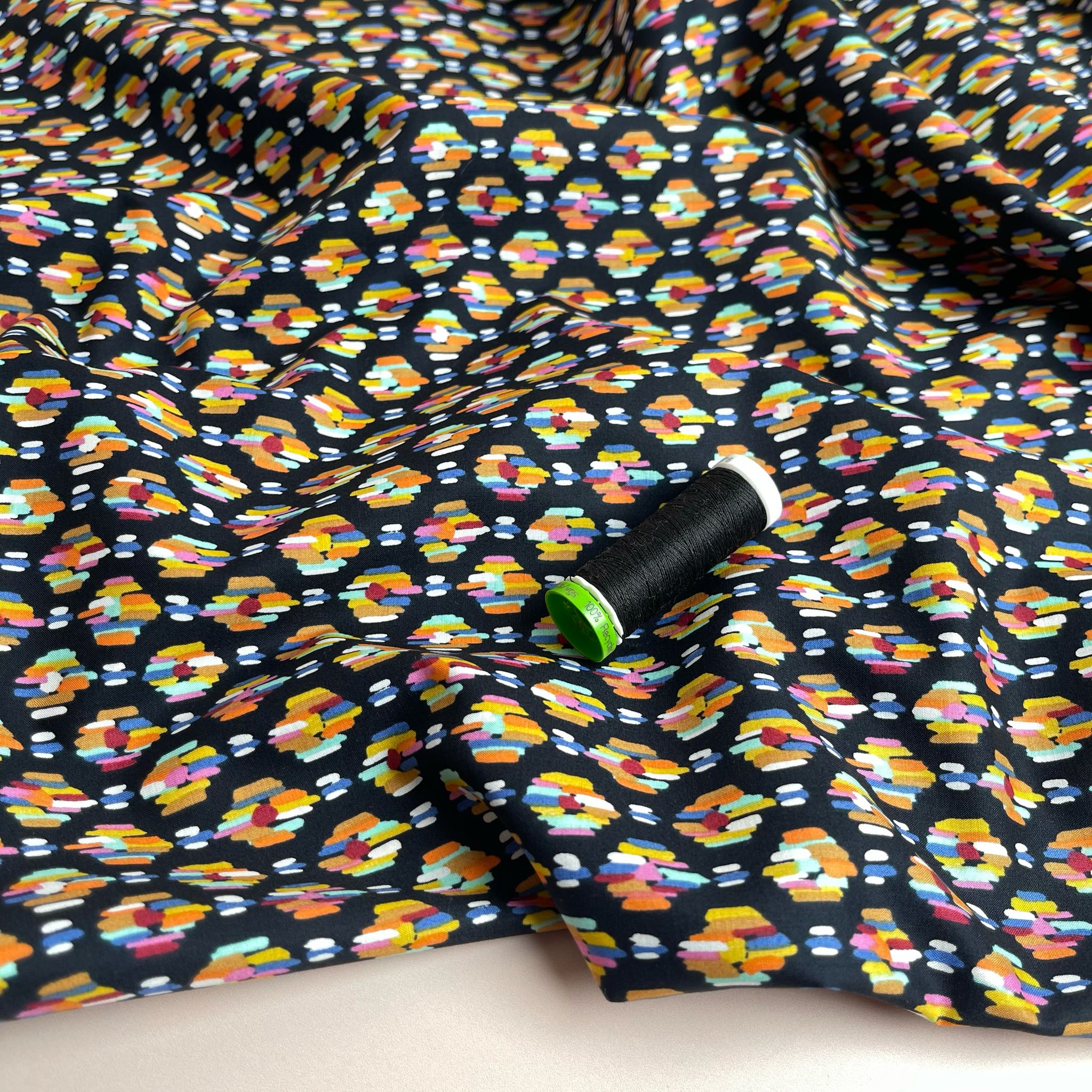 Rainbow Strokes on Black Cotton Lawn Fabric