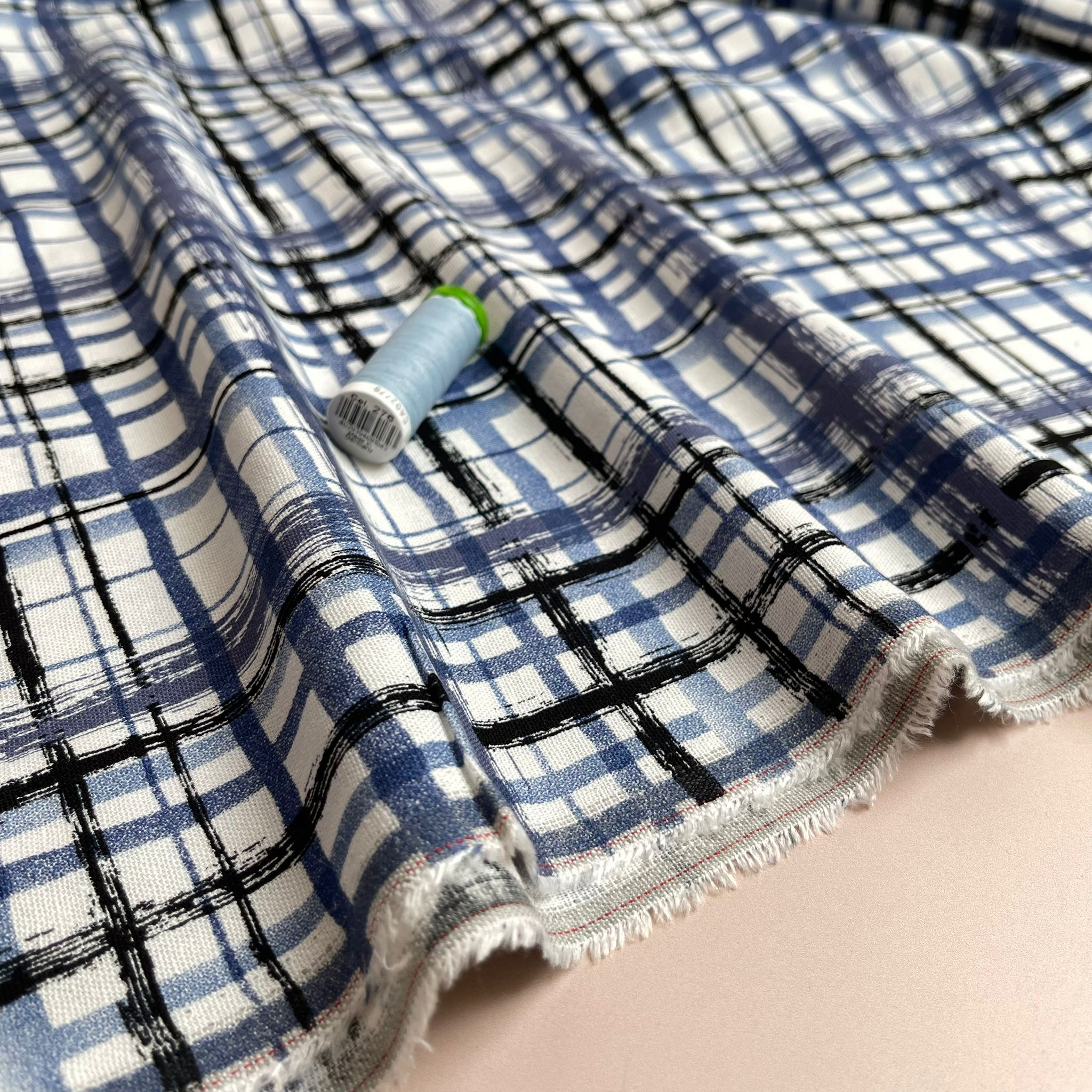 Hand painted Check on Blue Linen Viscose Blend Fabric