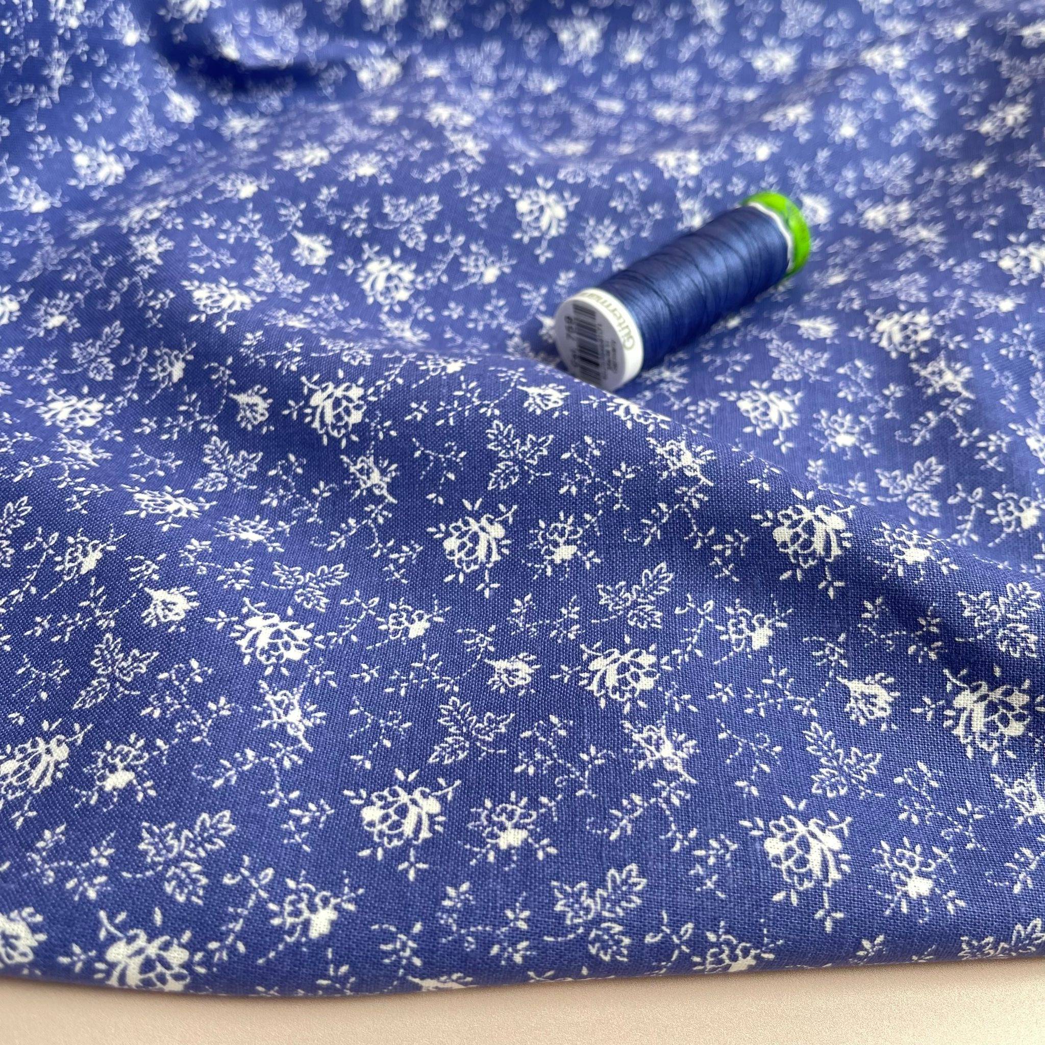 Delicate Floral on Blue Cotton Linen Blend Fabric