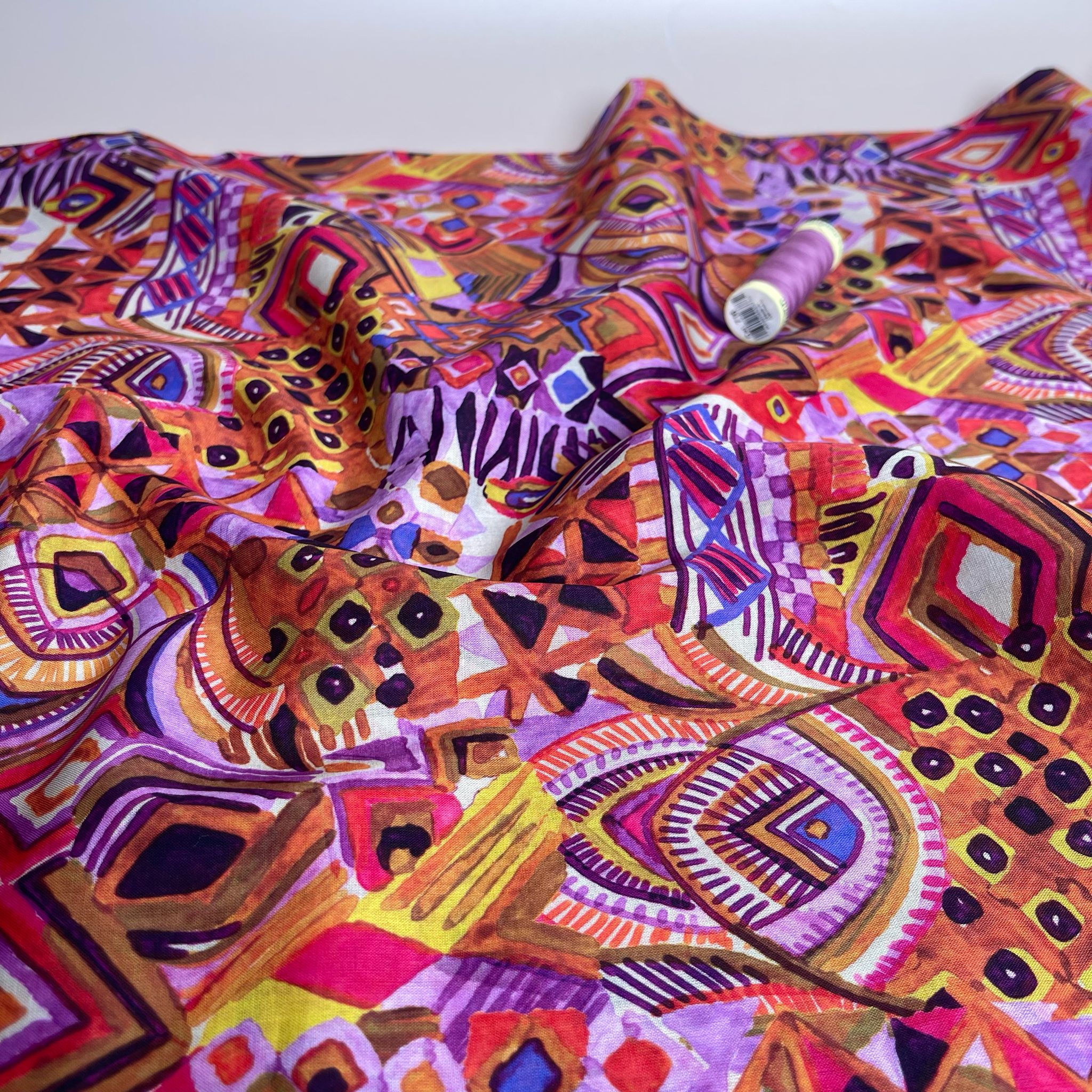 REMNANT 1.6 Metres - Painted Autumn Aztec Cotton Voile Fabric